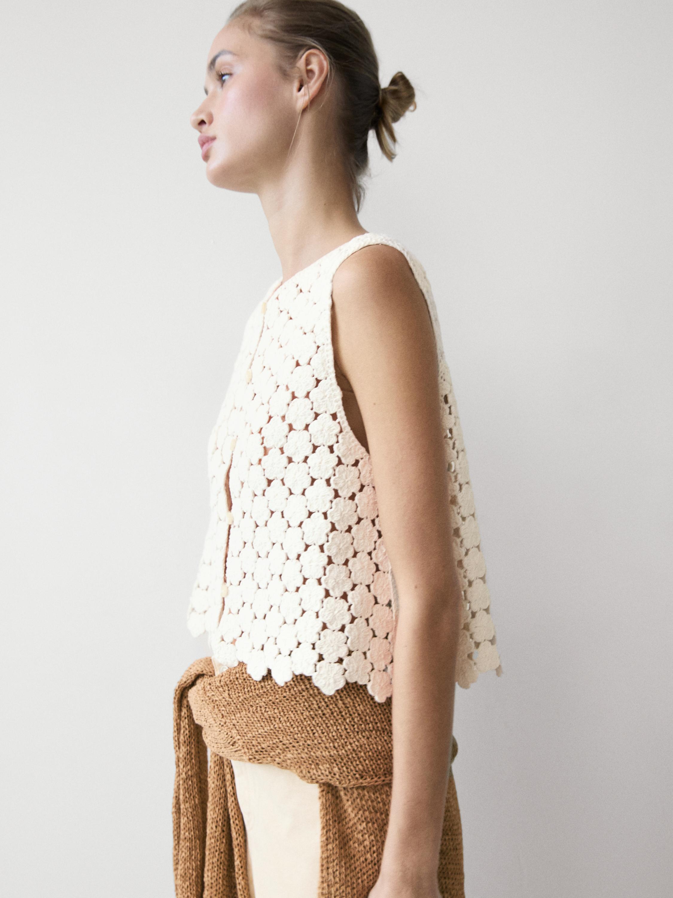Cotton crochet vest with floral details — CREAM