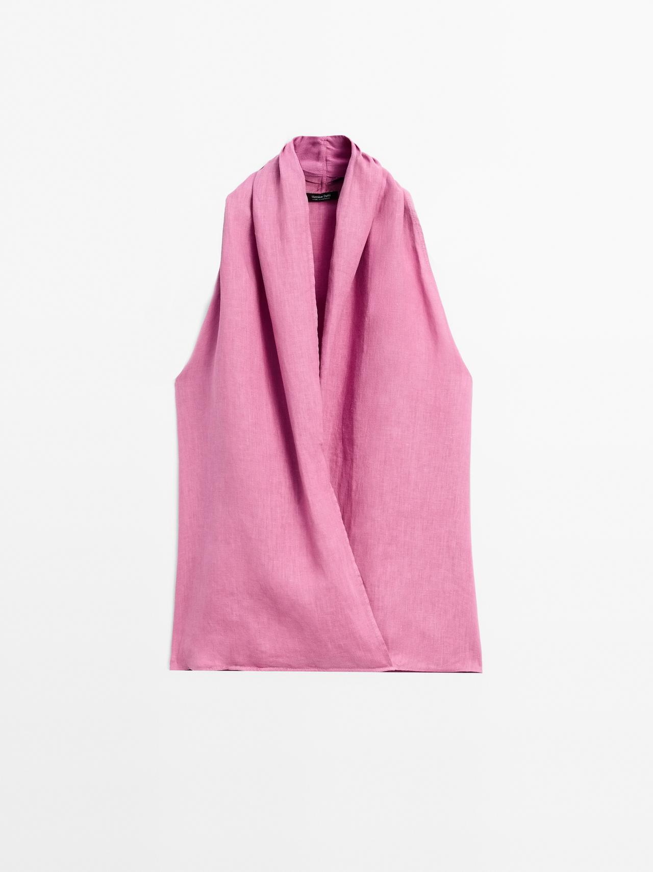 Massimo Dutti - Dame - Top I Hør Med Overlappende Halterneck - Fuchsia - M