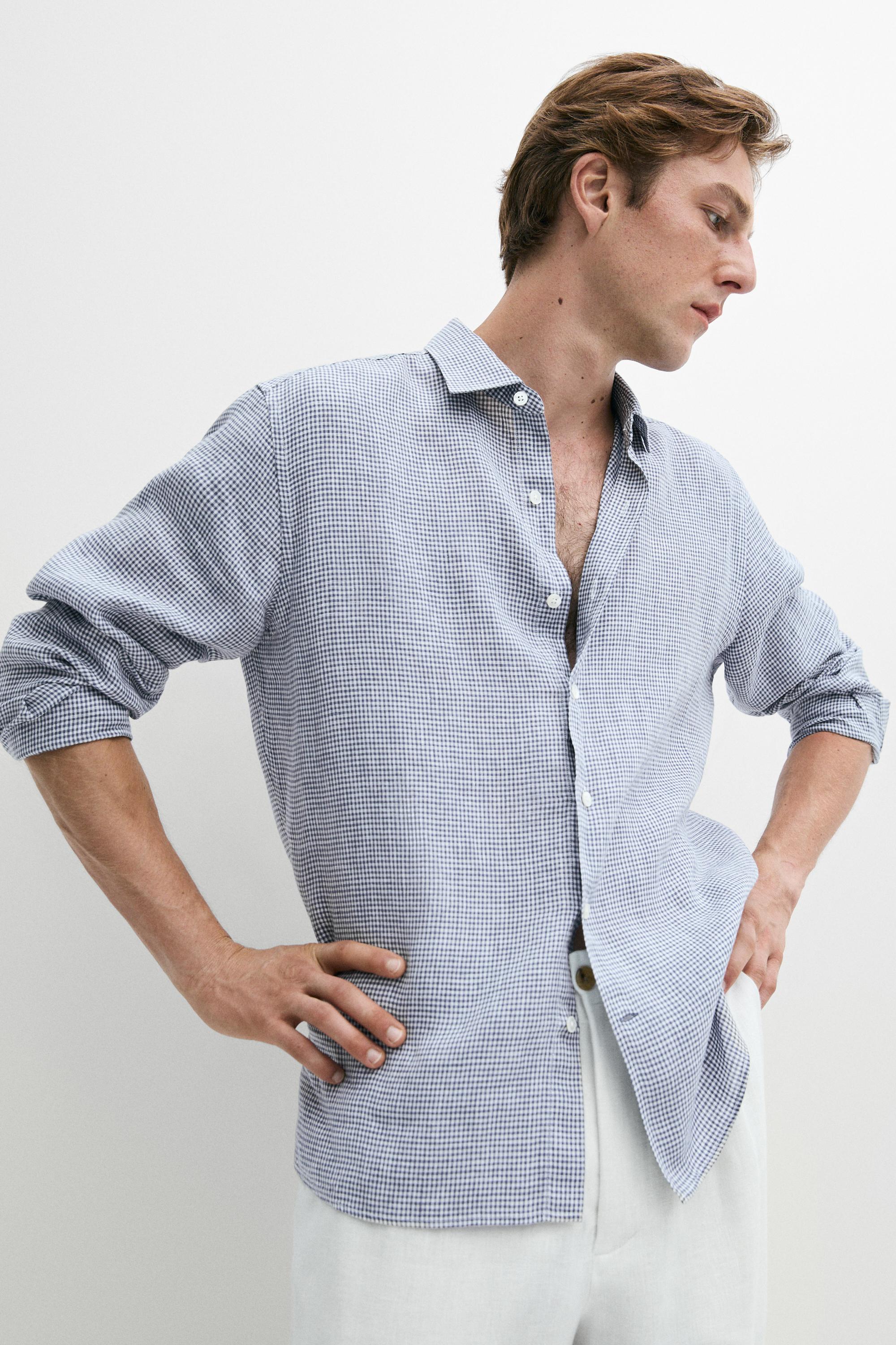 100% linen regular fit gingham shirt — NAVY BLUE