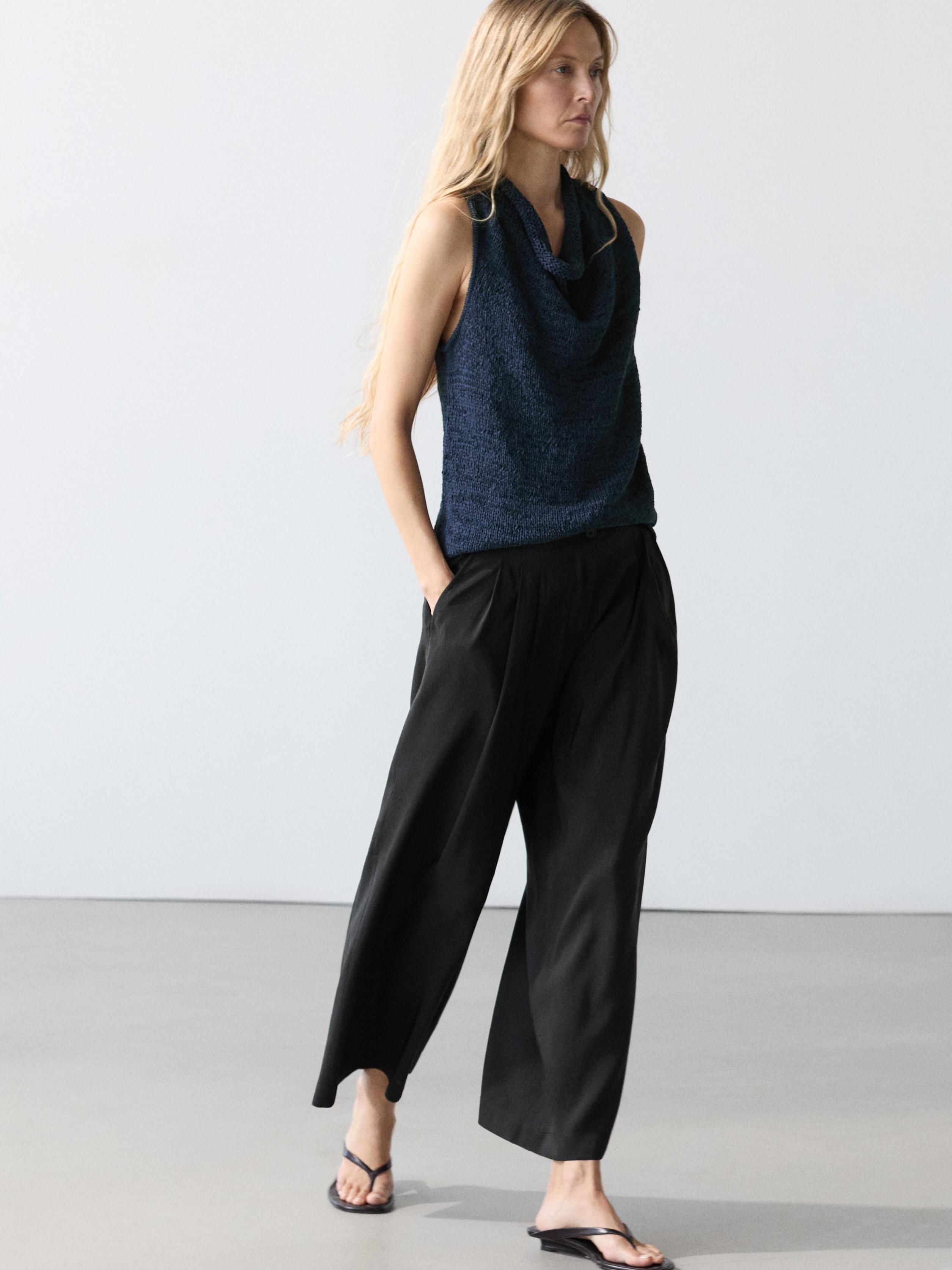 Flowing linen blend trousers — BLACK