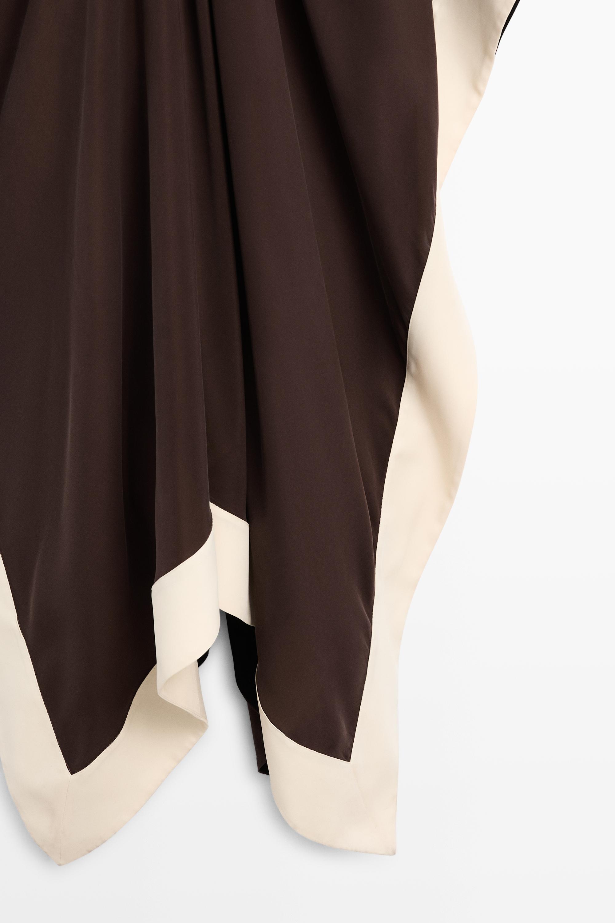 Flowing midi dress with contrast trim detail — BROWN