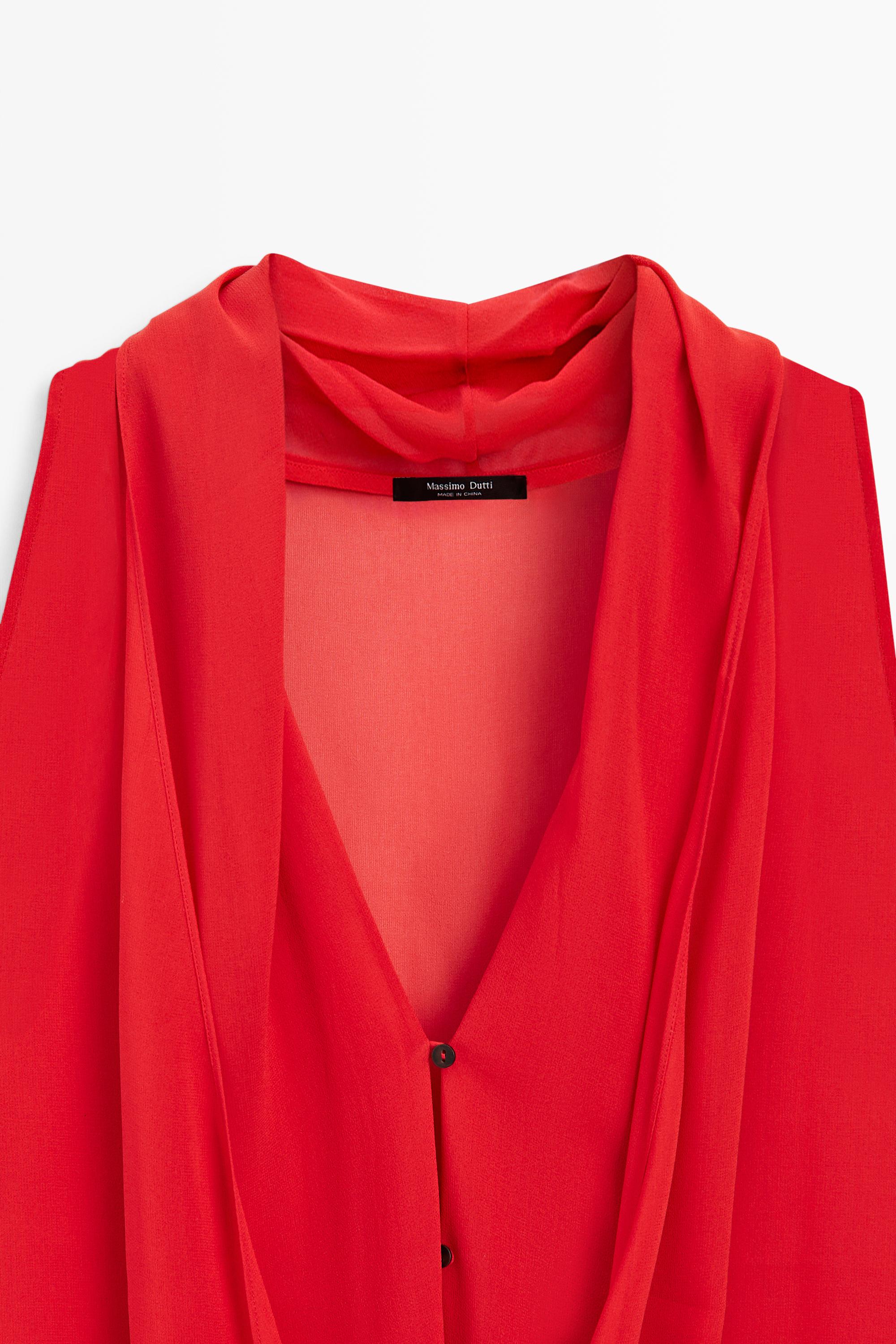 100% silk semi-sheer top with tie — RED