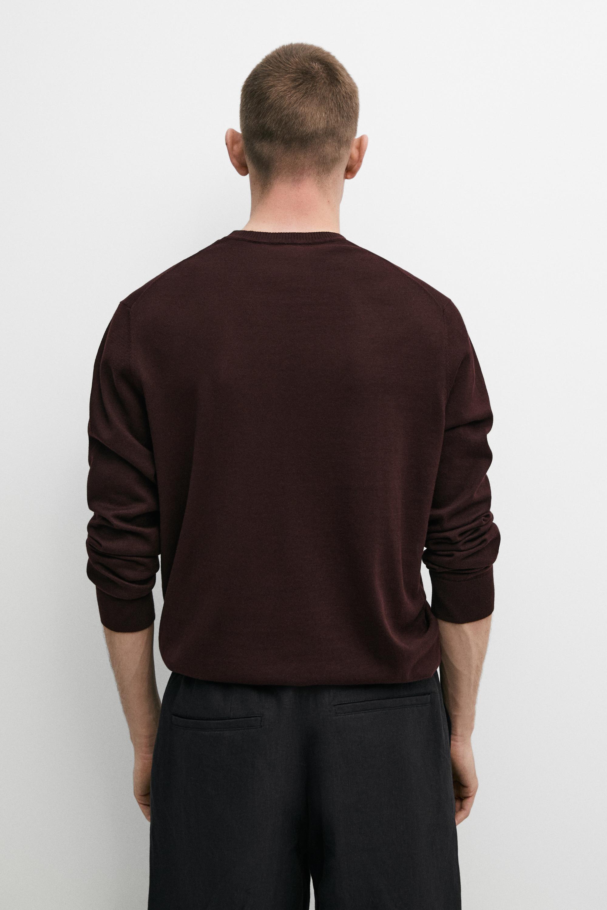 Knit 100% cotton crew neck sweater — BURGUNDY