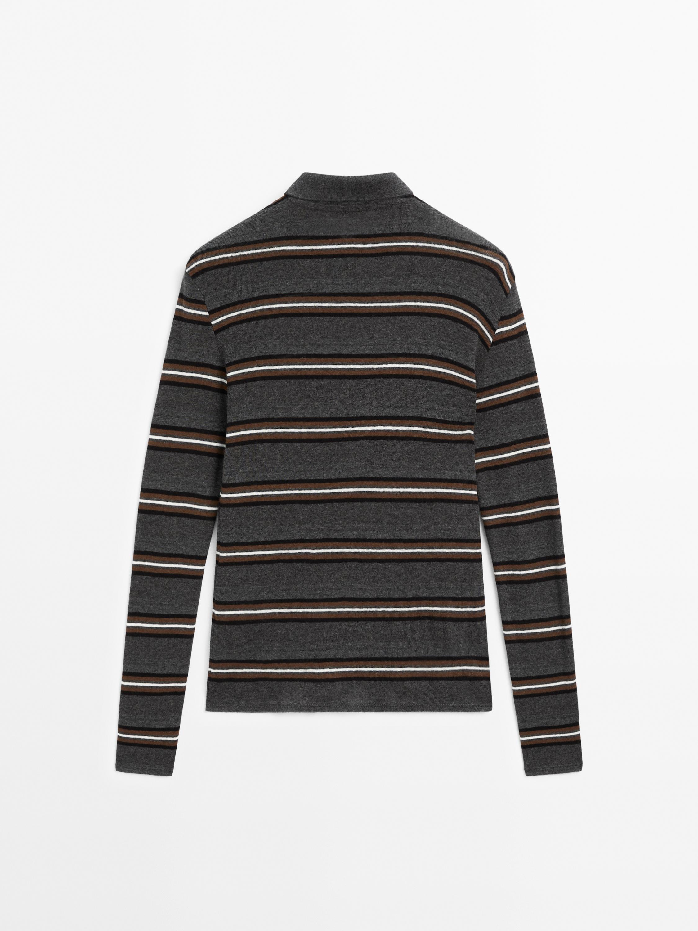 Striped knit sweater with polo collar
