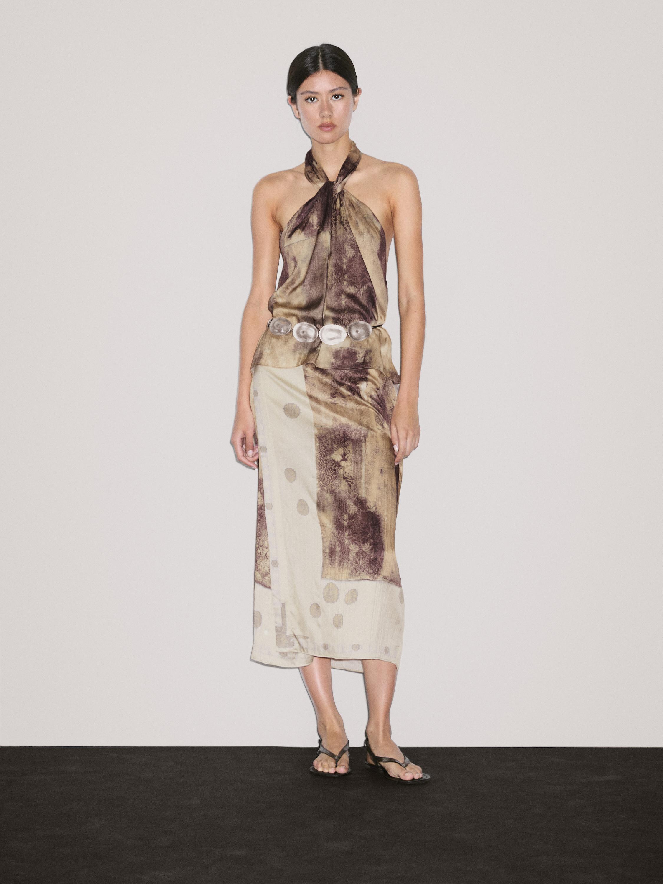 Printed satin midi skirt