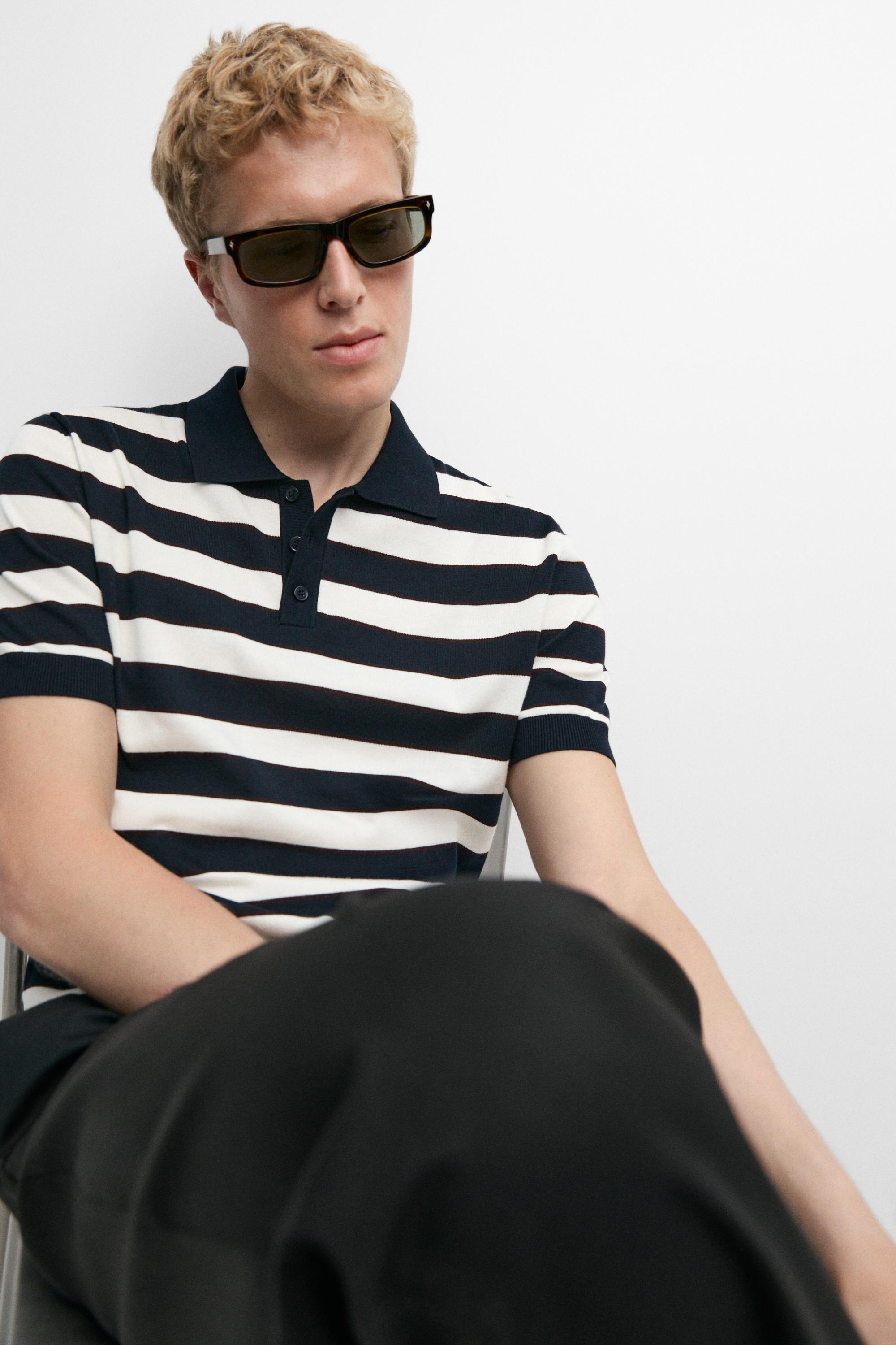 100% cotton striped knit polo shirt — NAVY BLUE