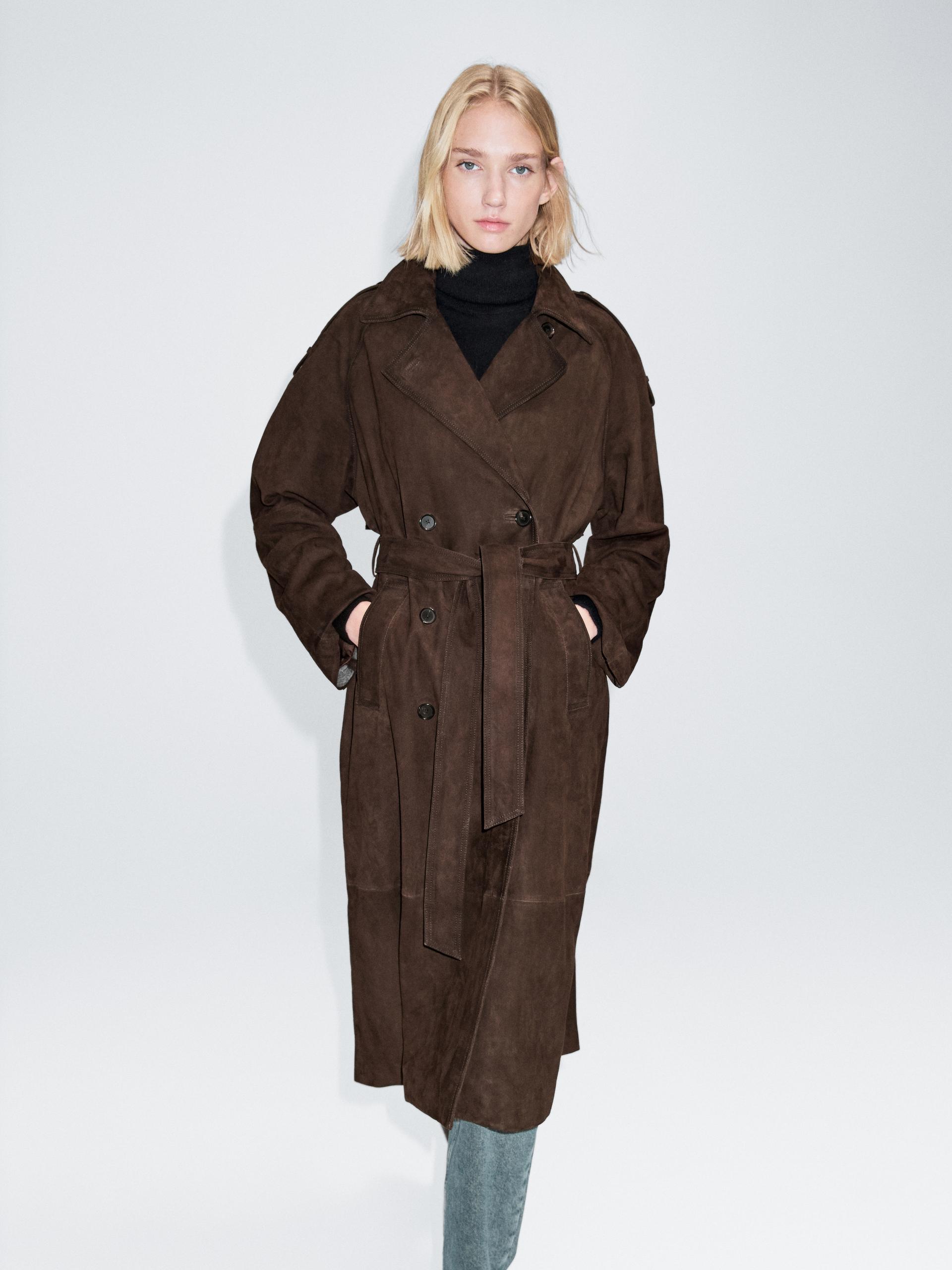 Massimo Dutti Long Suede Leather Trench Coat