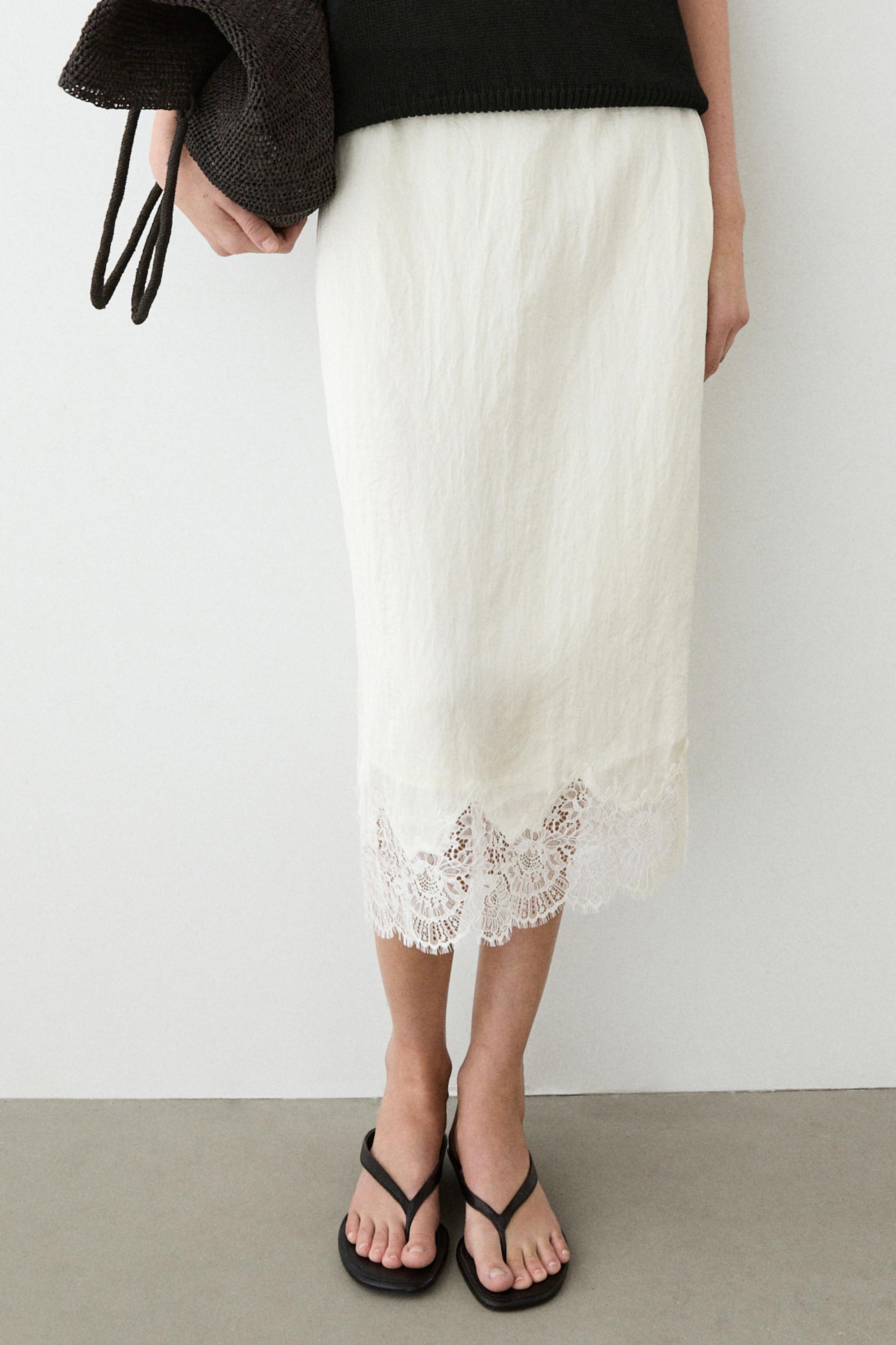 Flowing midi skirt with lace detail — WHITE