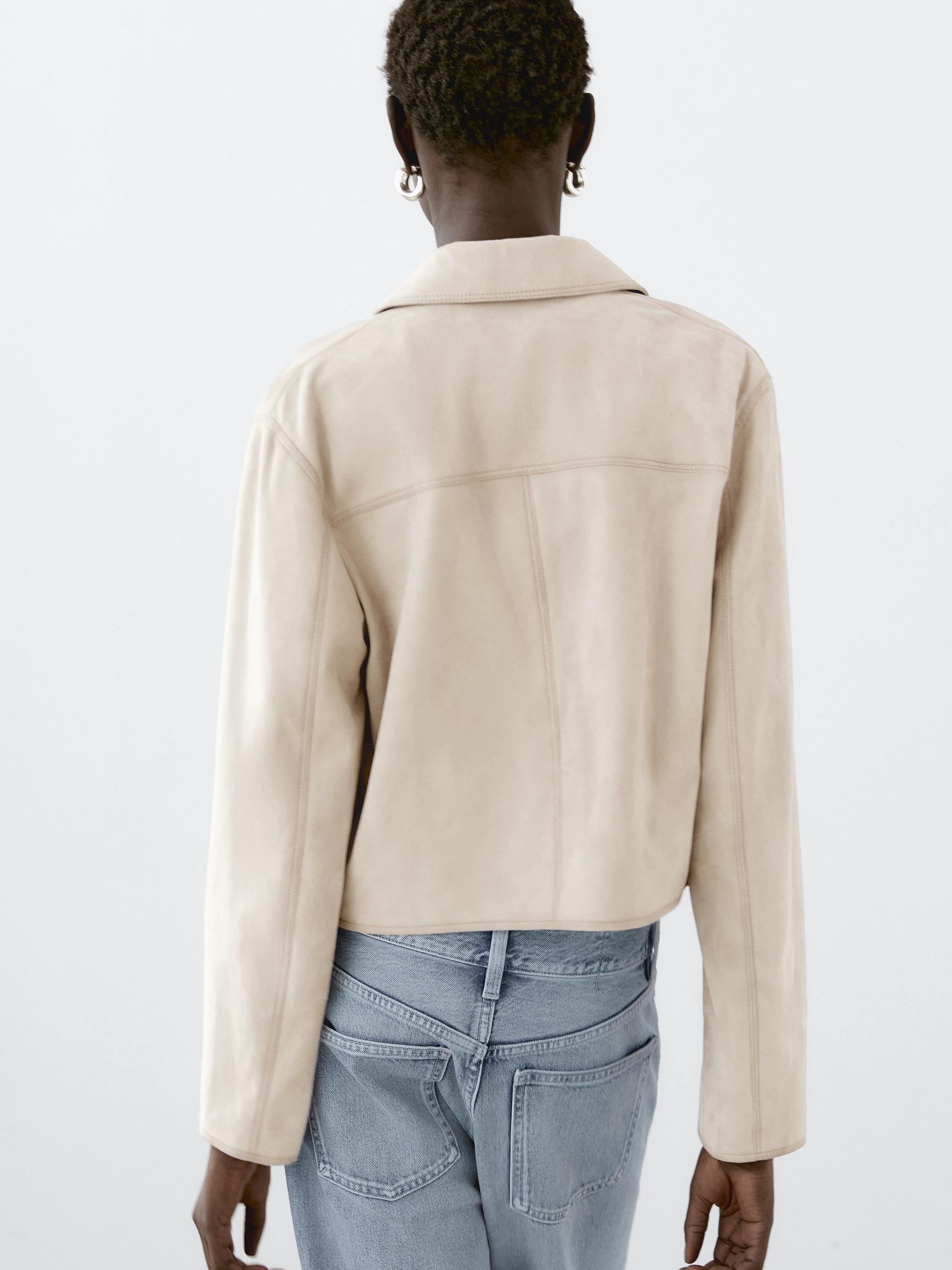 Short suede leather jacket with topstitching