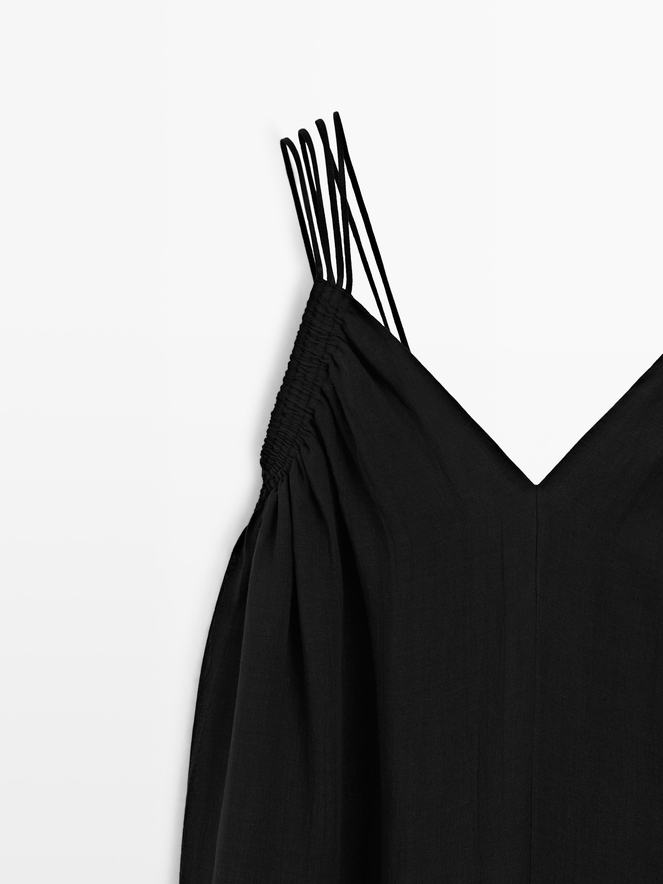 Ramie blend strappy midi dress — BLACK