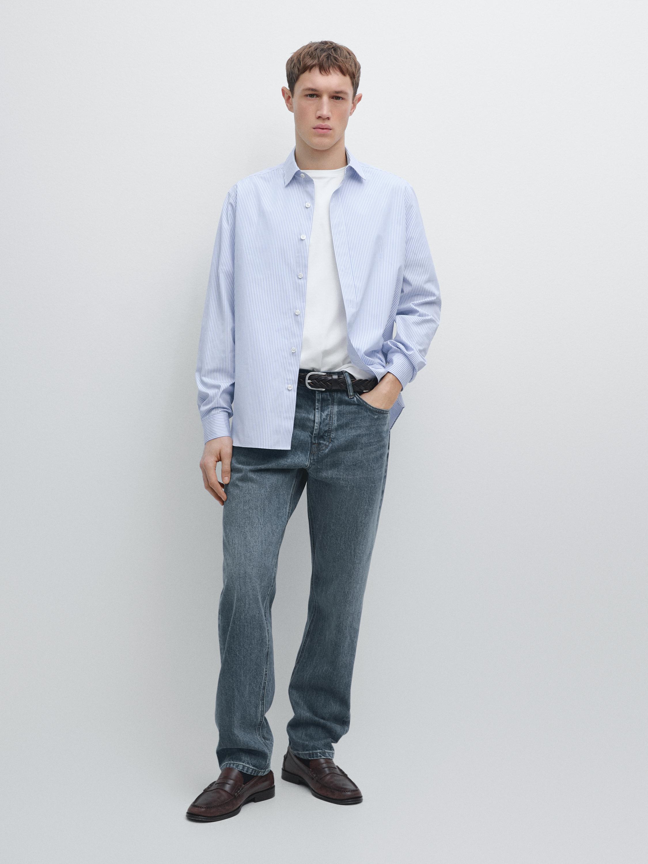 100% cotton regular fit striped shirt — SKY BLUE