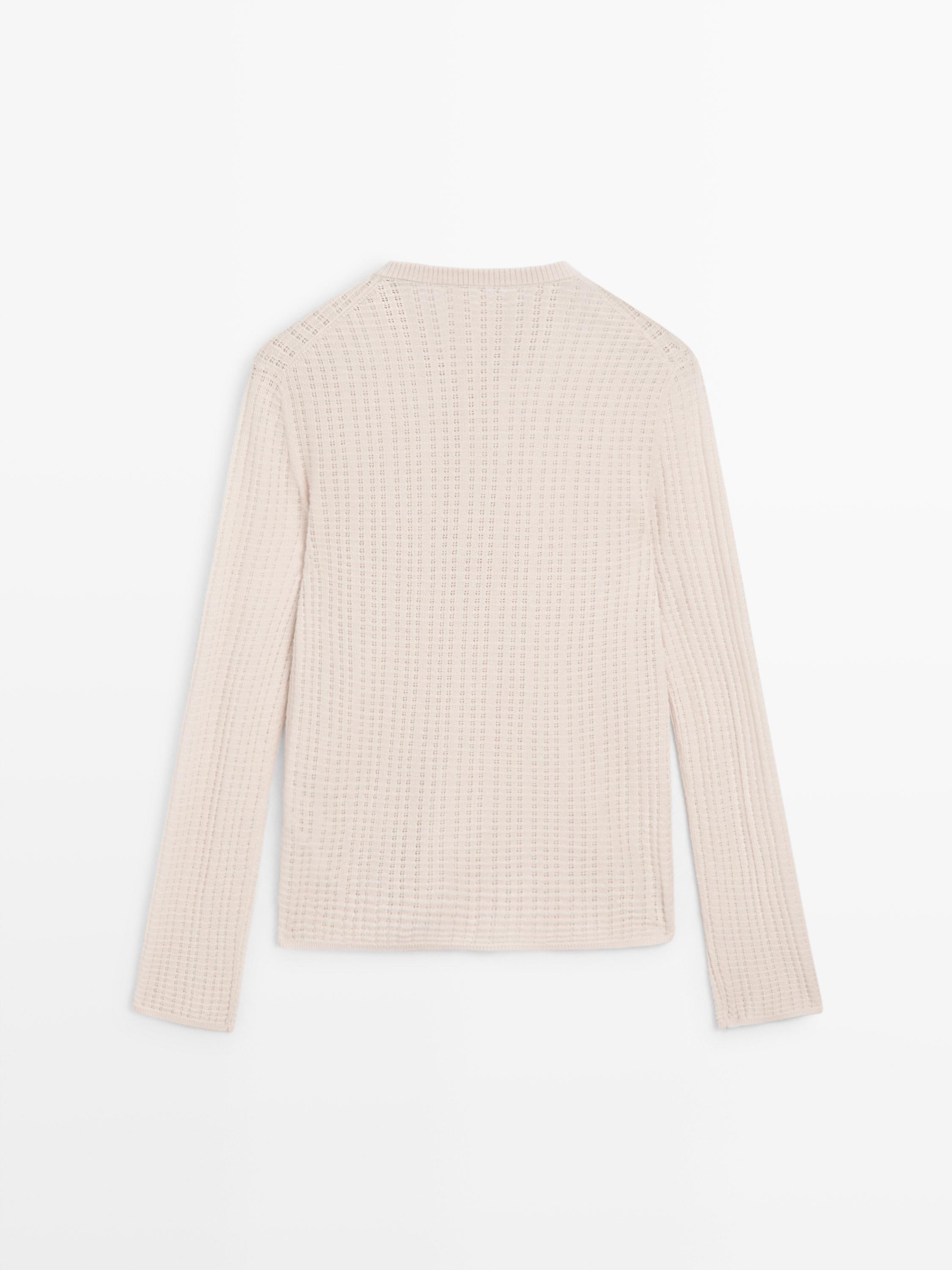 Cutwork wool blend henley sweater — CREAM