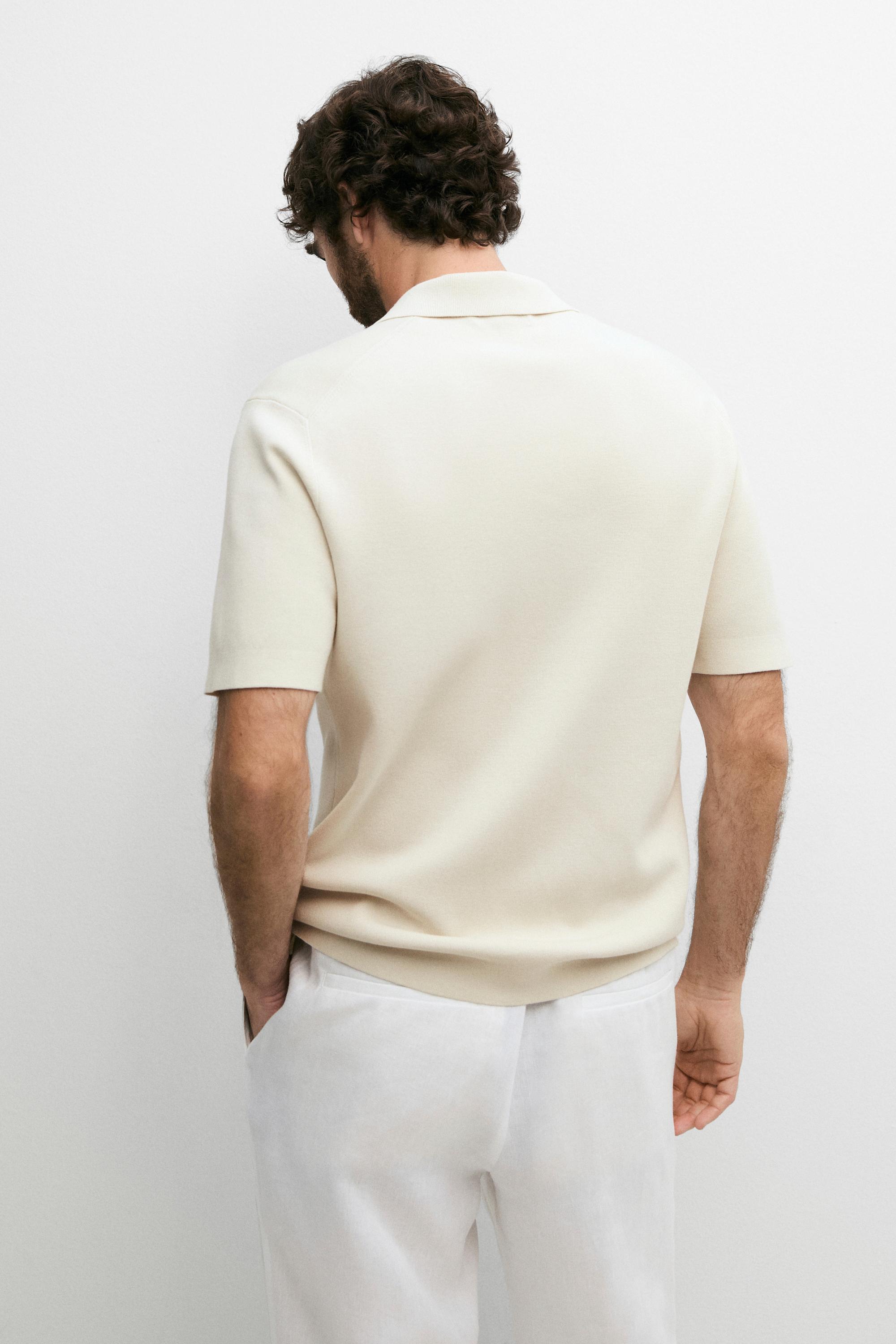 Flowing cotton blend knit polo shirt — CREAM
