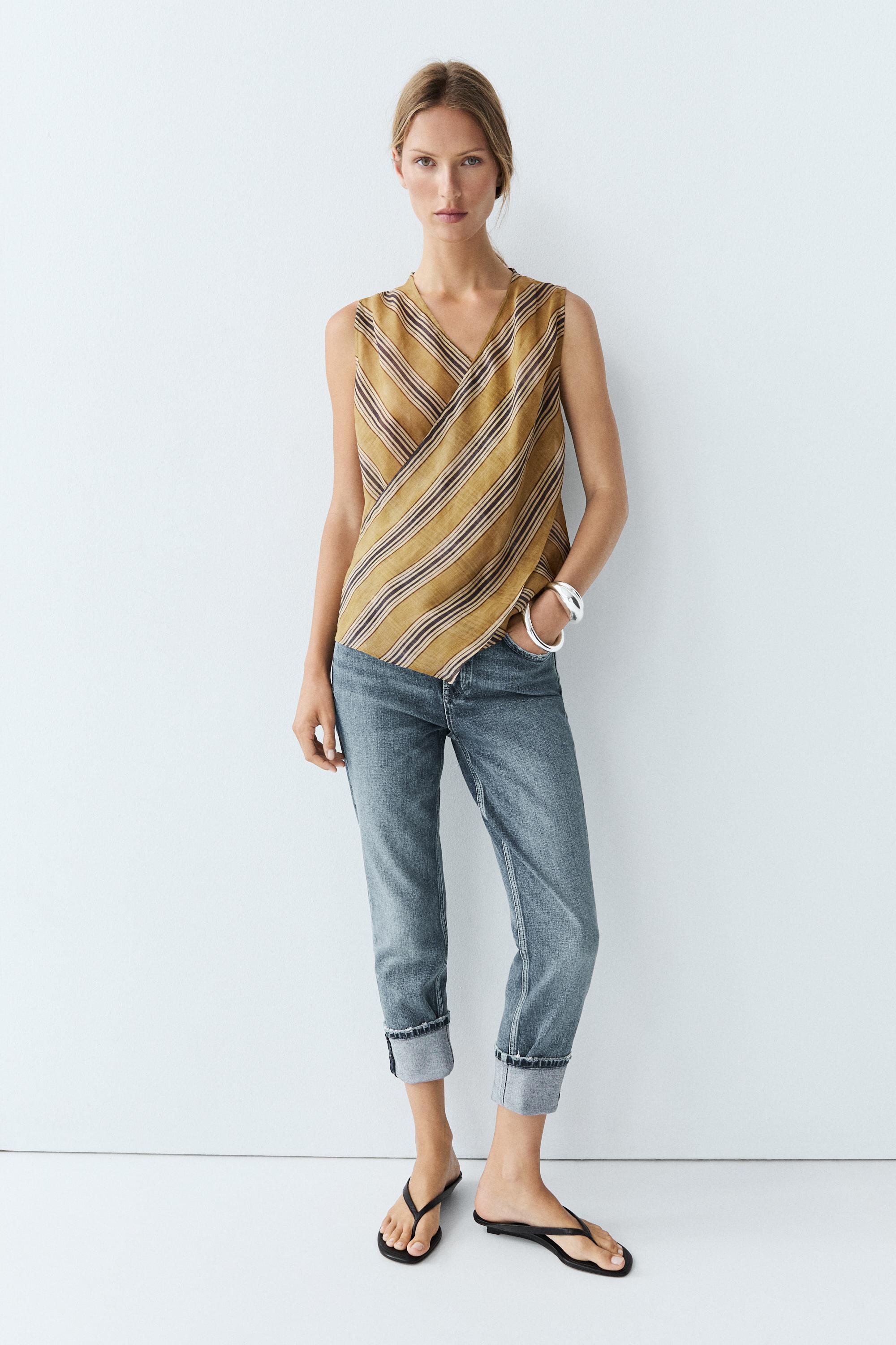 Flowing striped ramie blend wrap top — DARK YELLOW