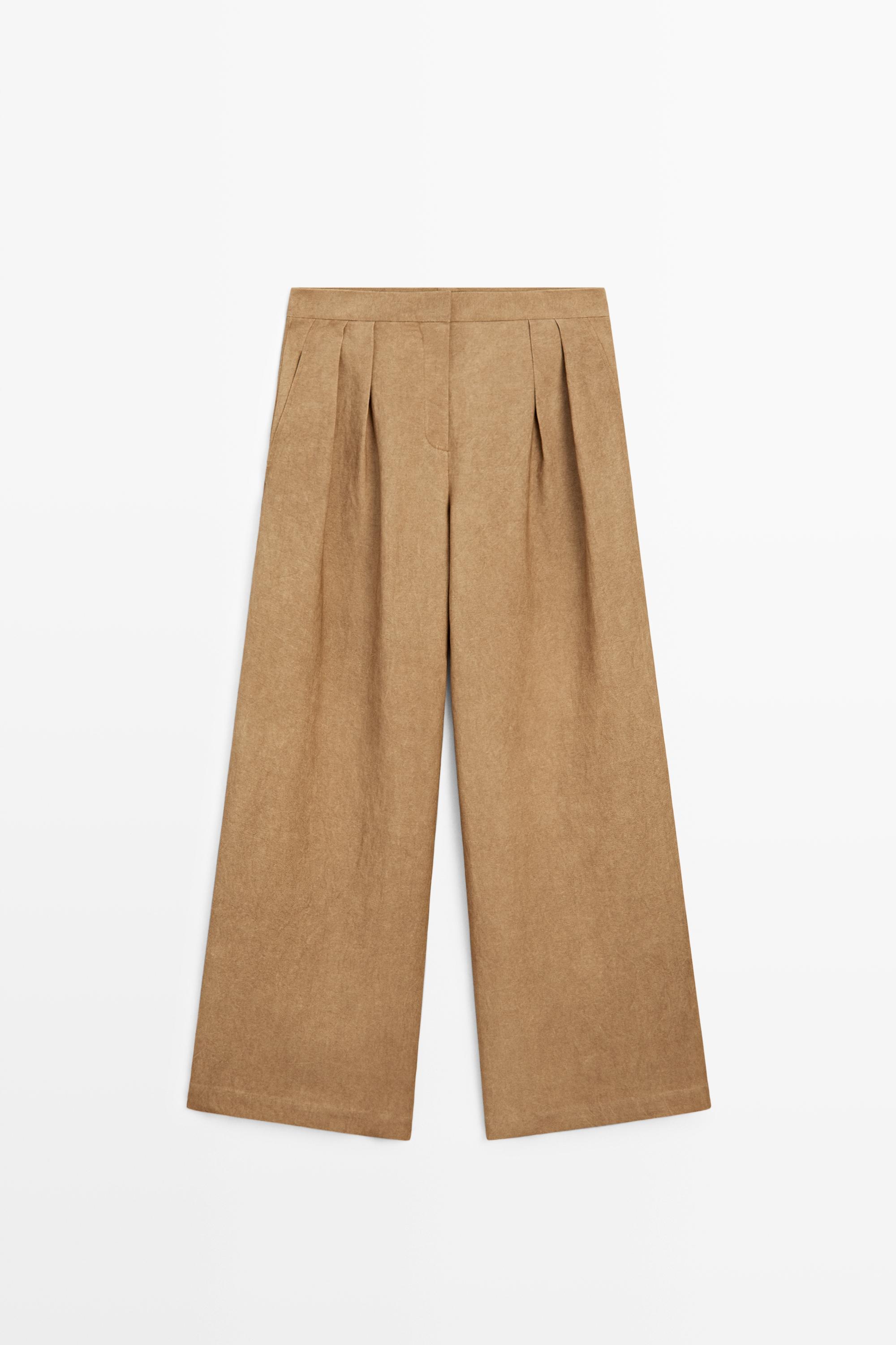 Wide-leg pleated linen blend trousers