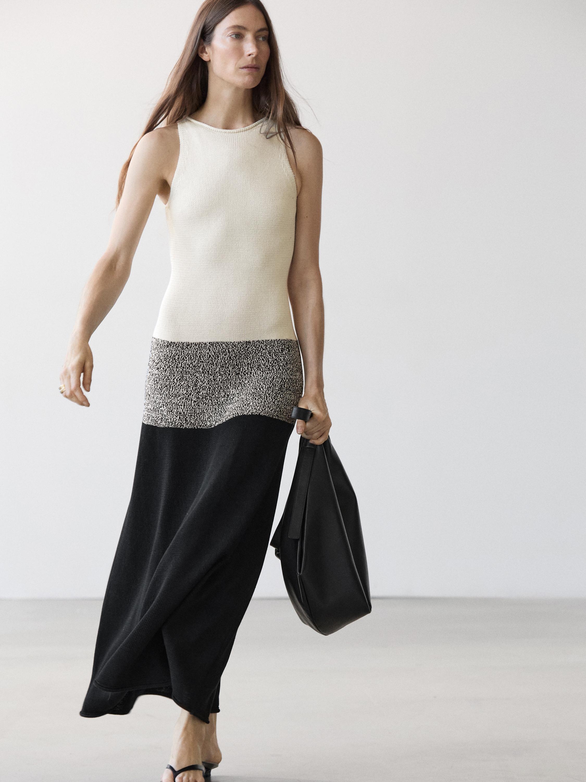 100% cotton contrast knit midi dress  Black  Dress | Massimo Dutti