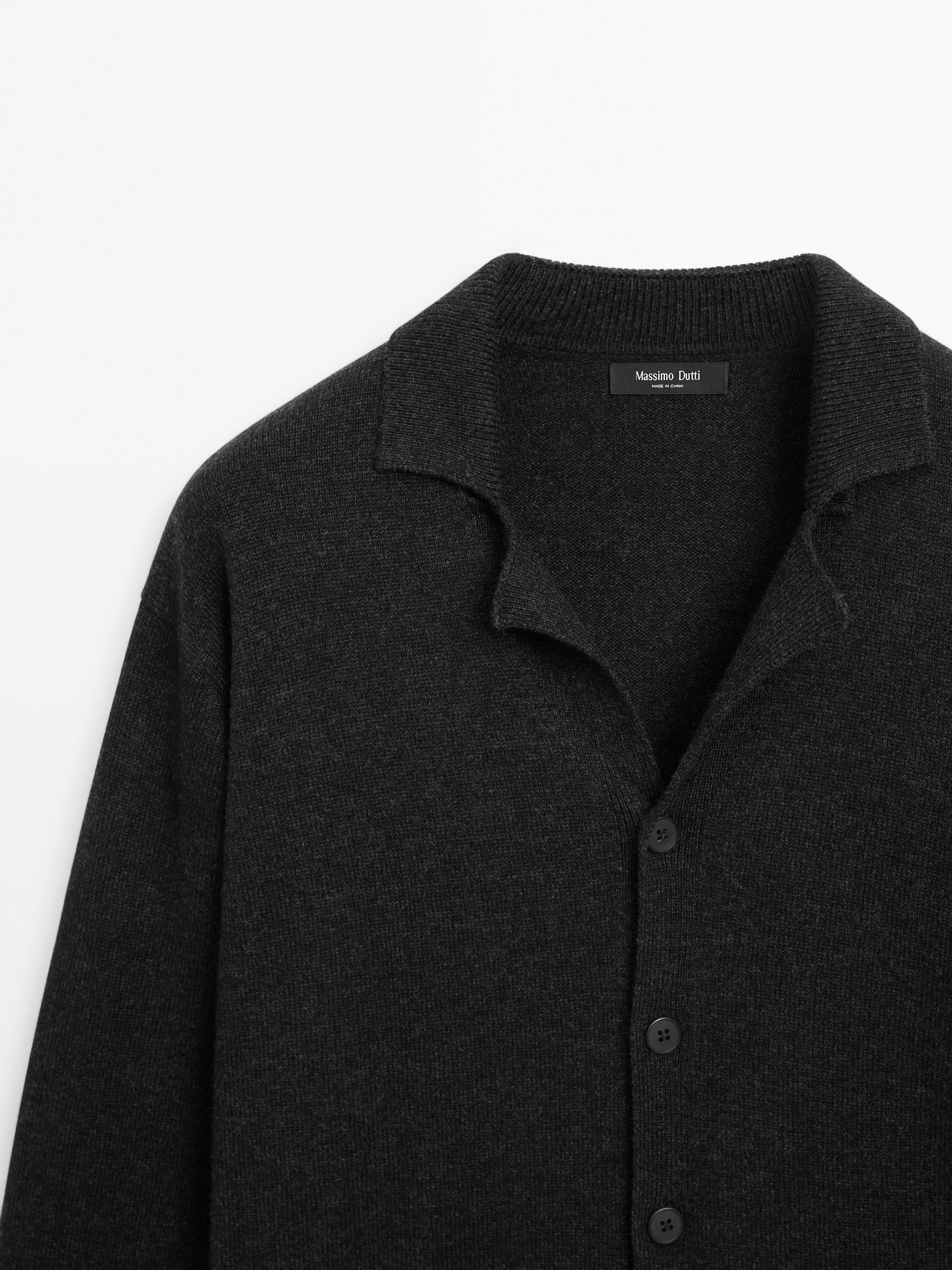 Wool blend knit cardigan with lapel collar