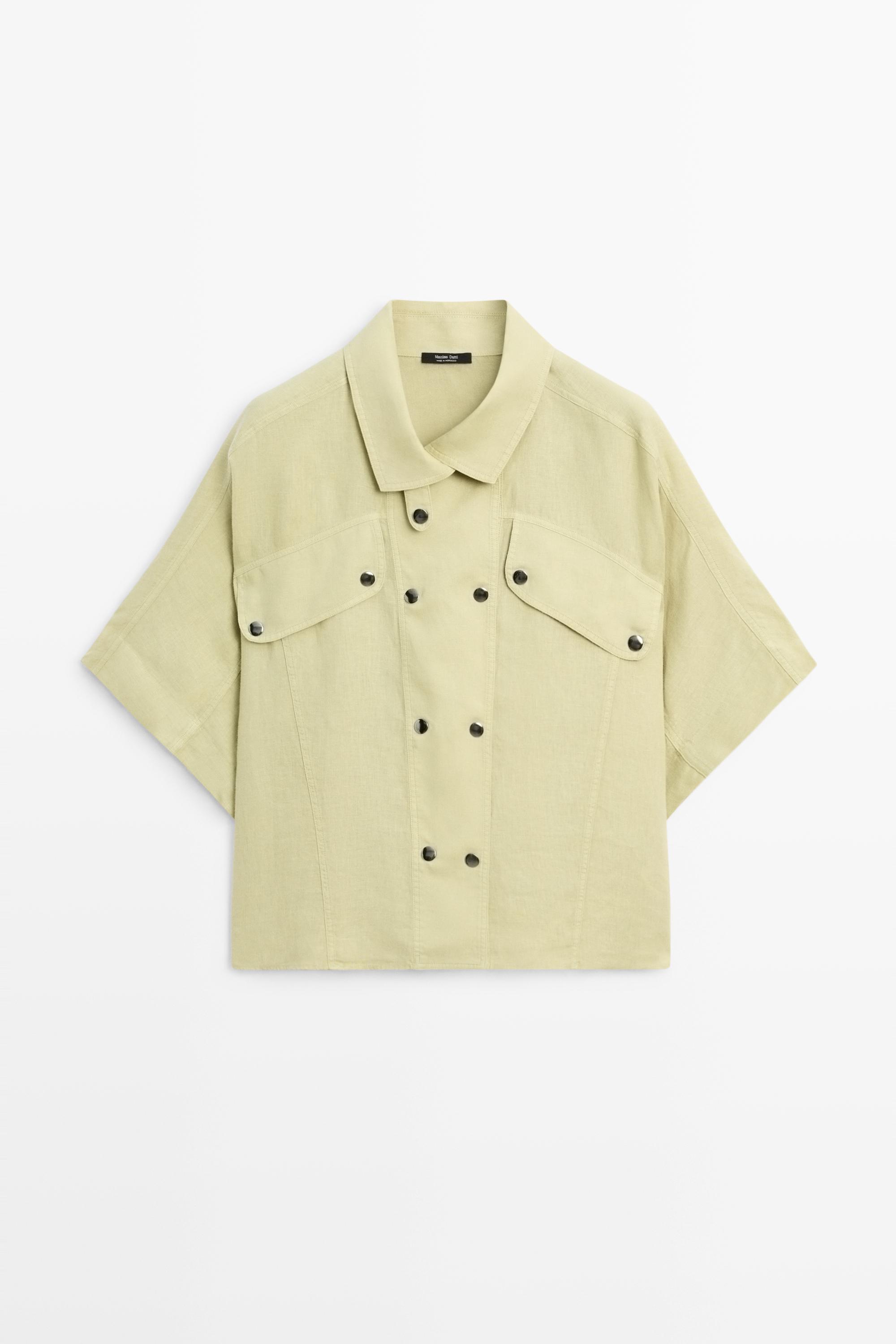 Short sleeve linen snap button shirt — LIME