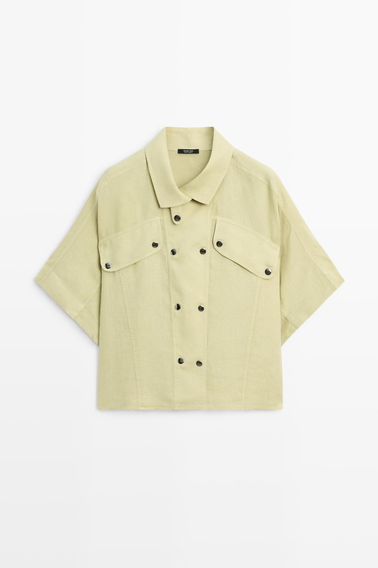 Short sleeve linen snap button shirt — LIME