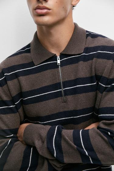 Striped knit polo sweater — BROWN 8