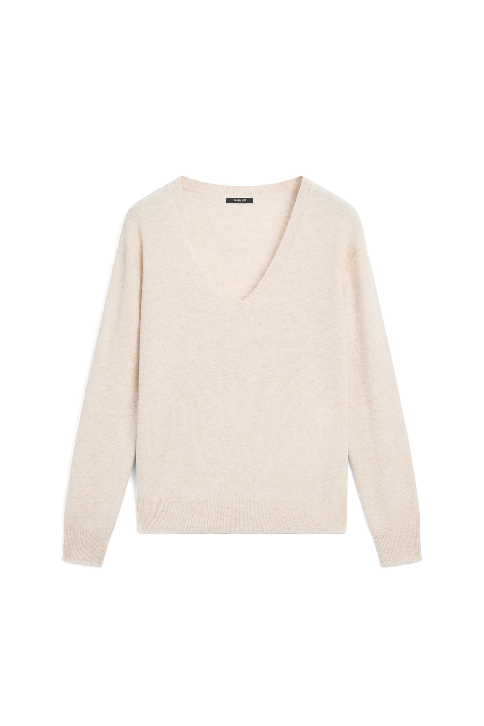 Wool blend V-neck knit sweater — BEIGE MARL