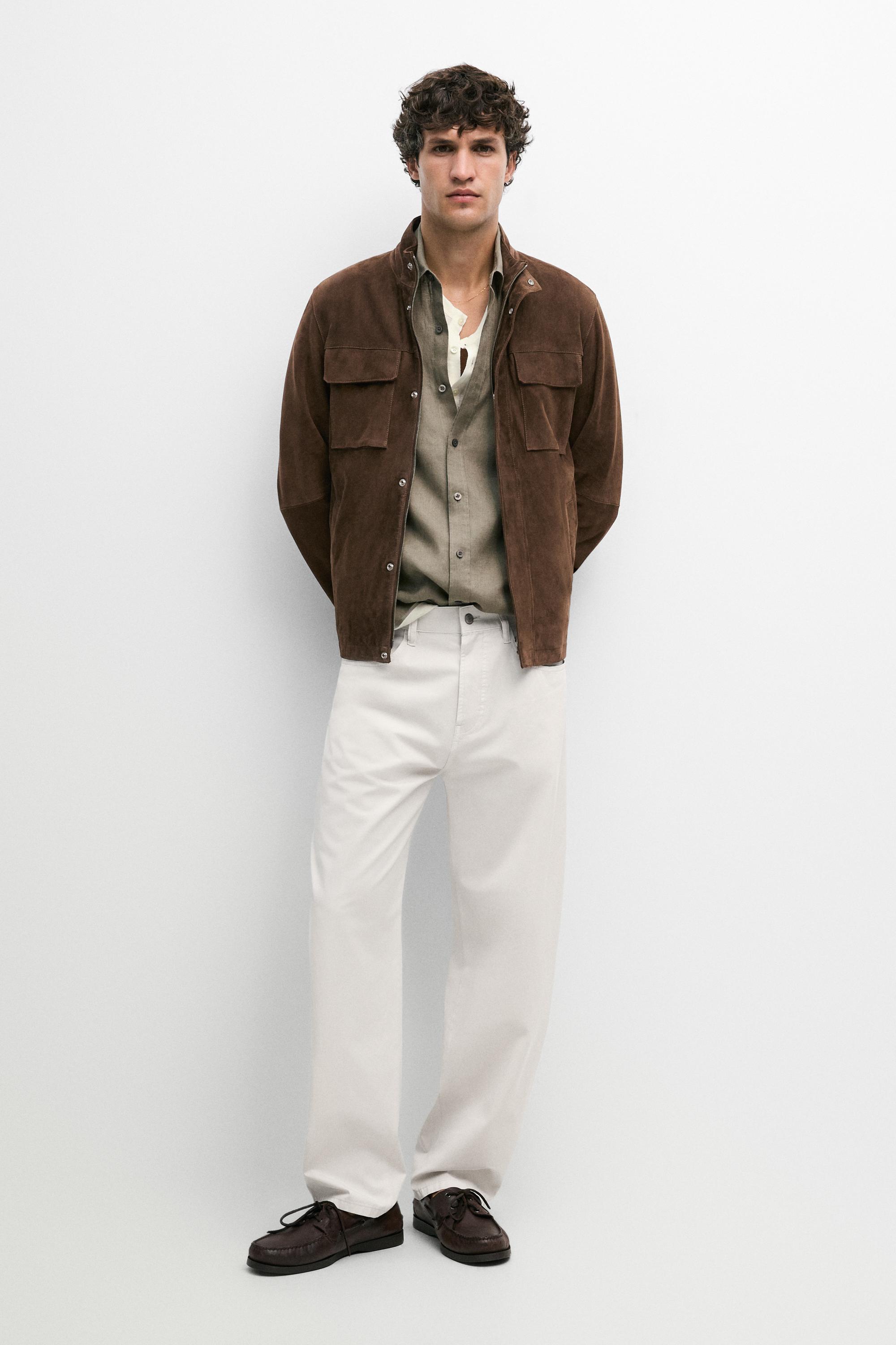 Suede jacket with pocket details — BROWN