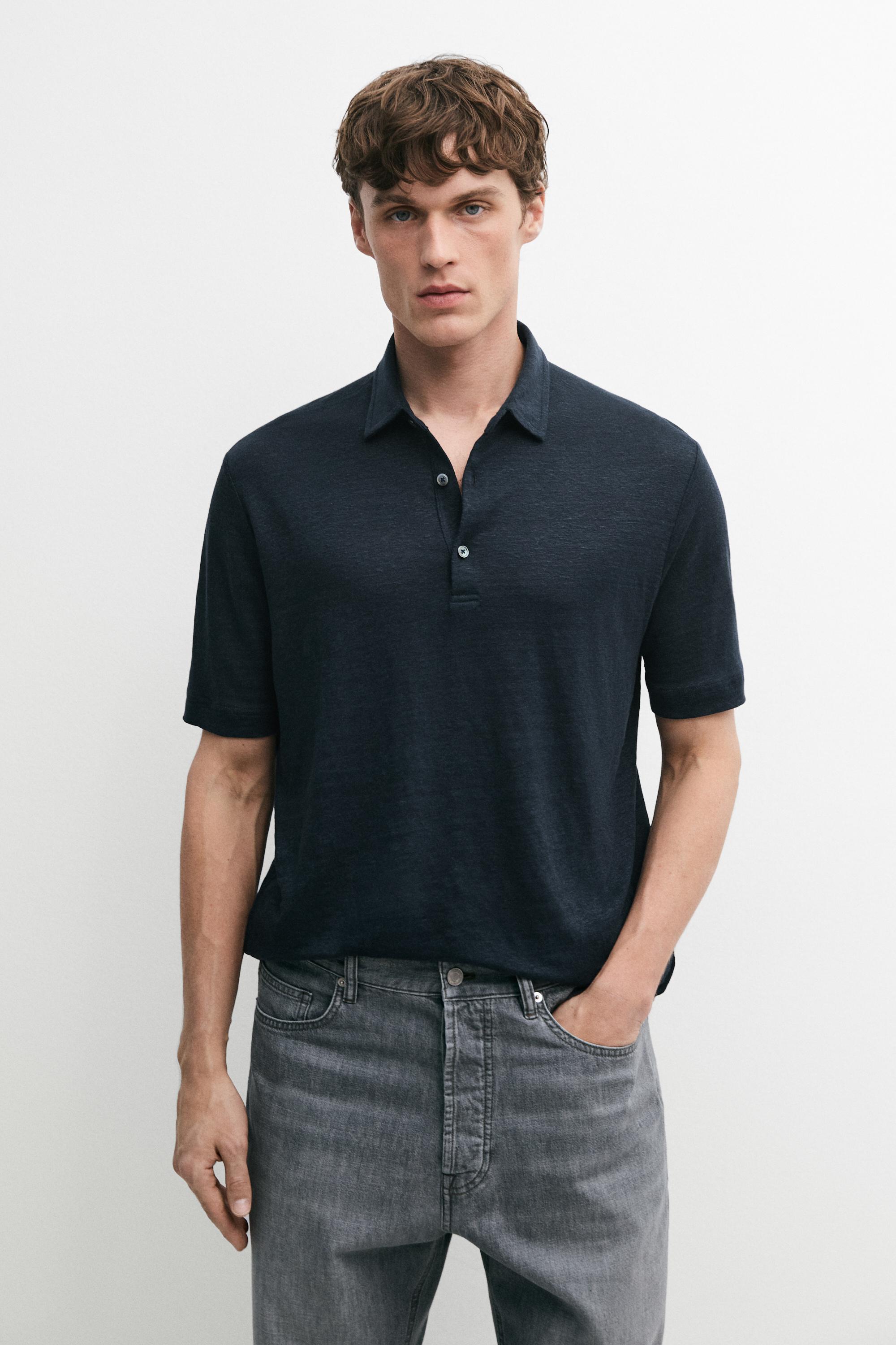 100% linen short sleeve polo shirt — NAVY BLUE