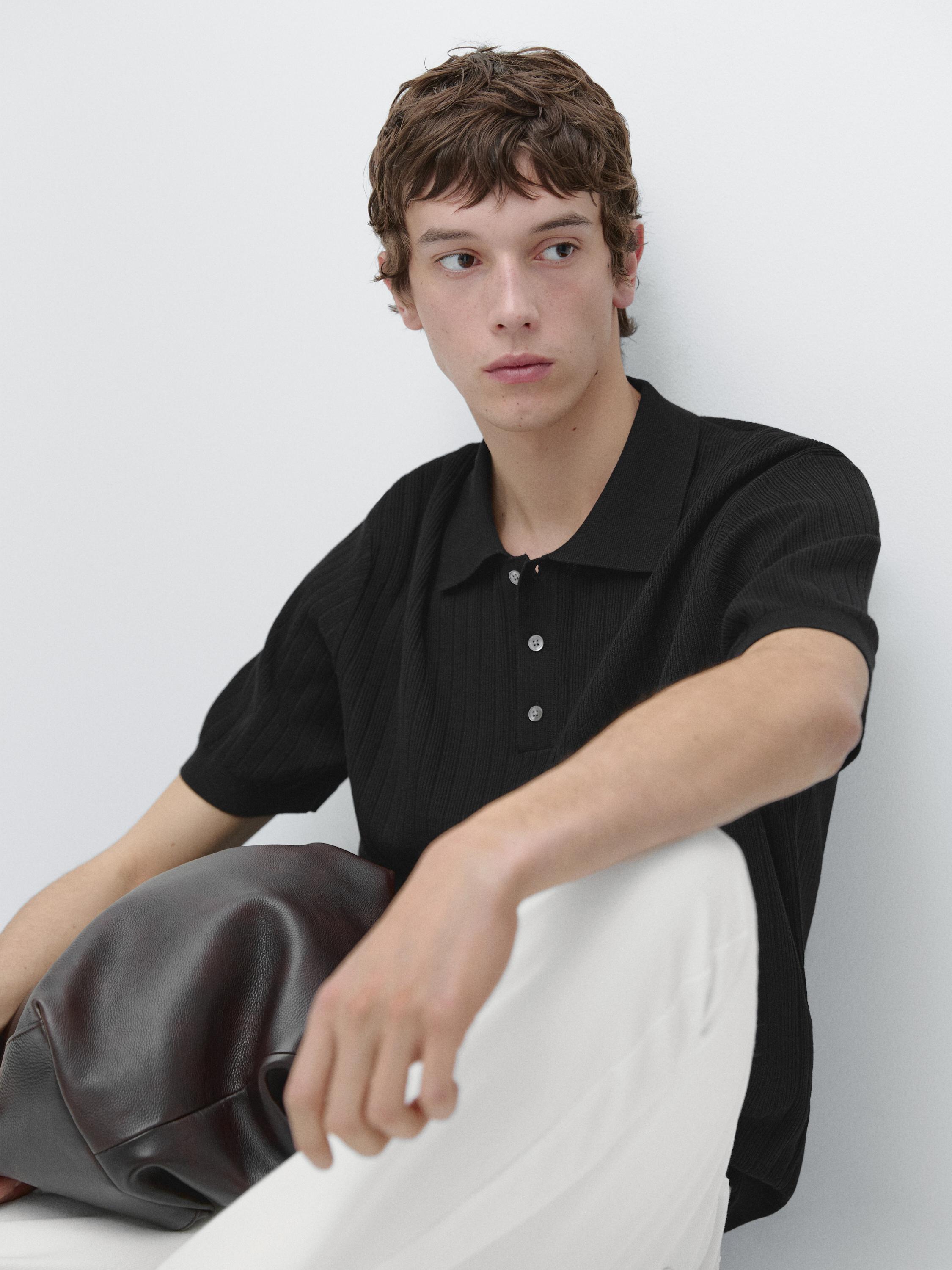 Ribbed knit cotton polo shirt — BLACK