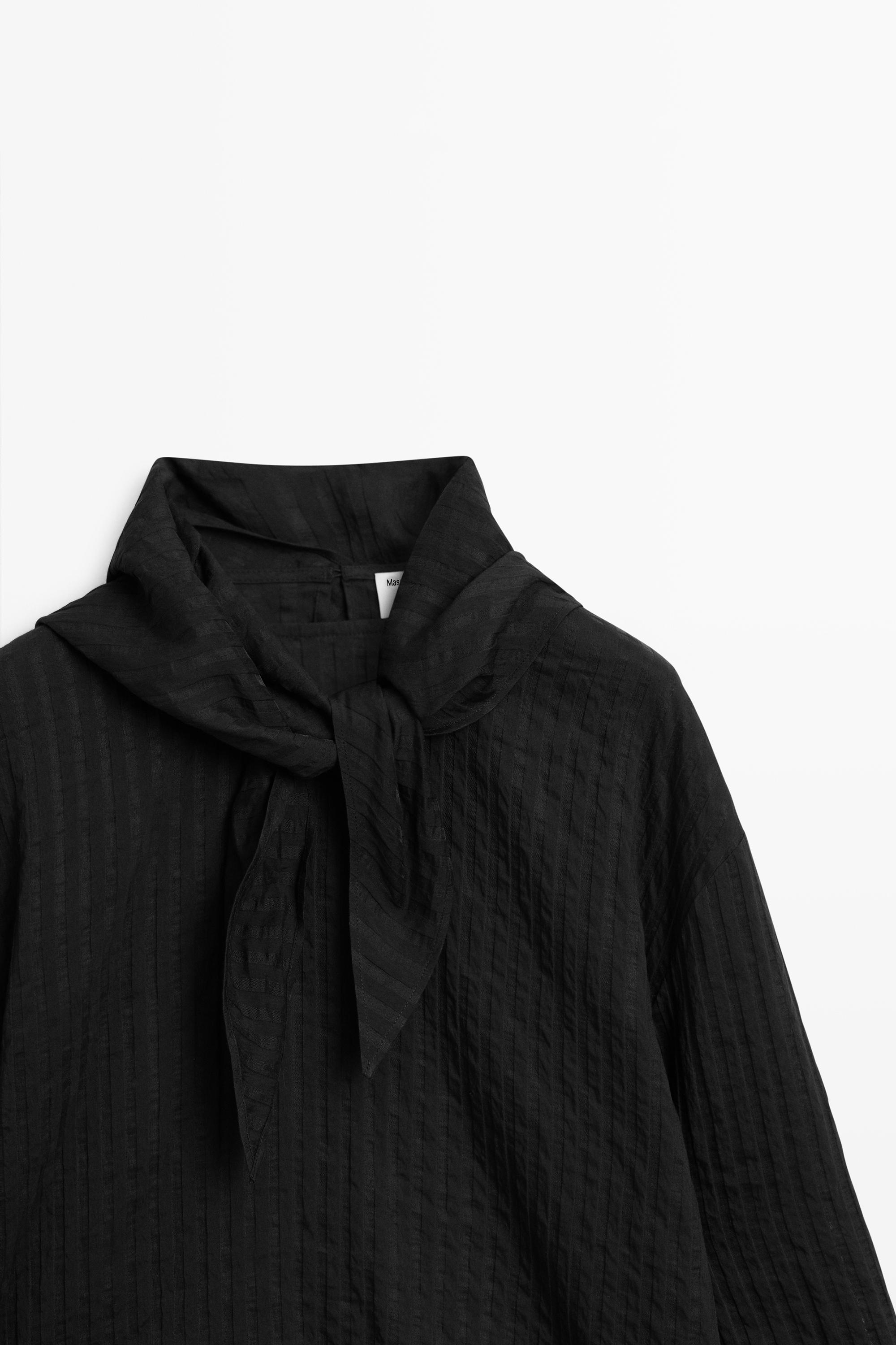 Striped flowing shirt with scarf detail — BLACK
