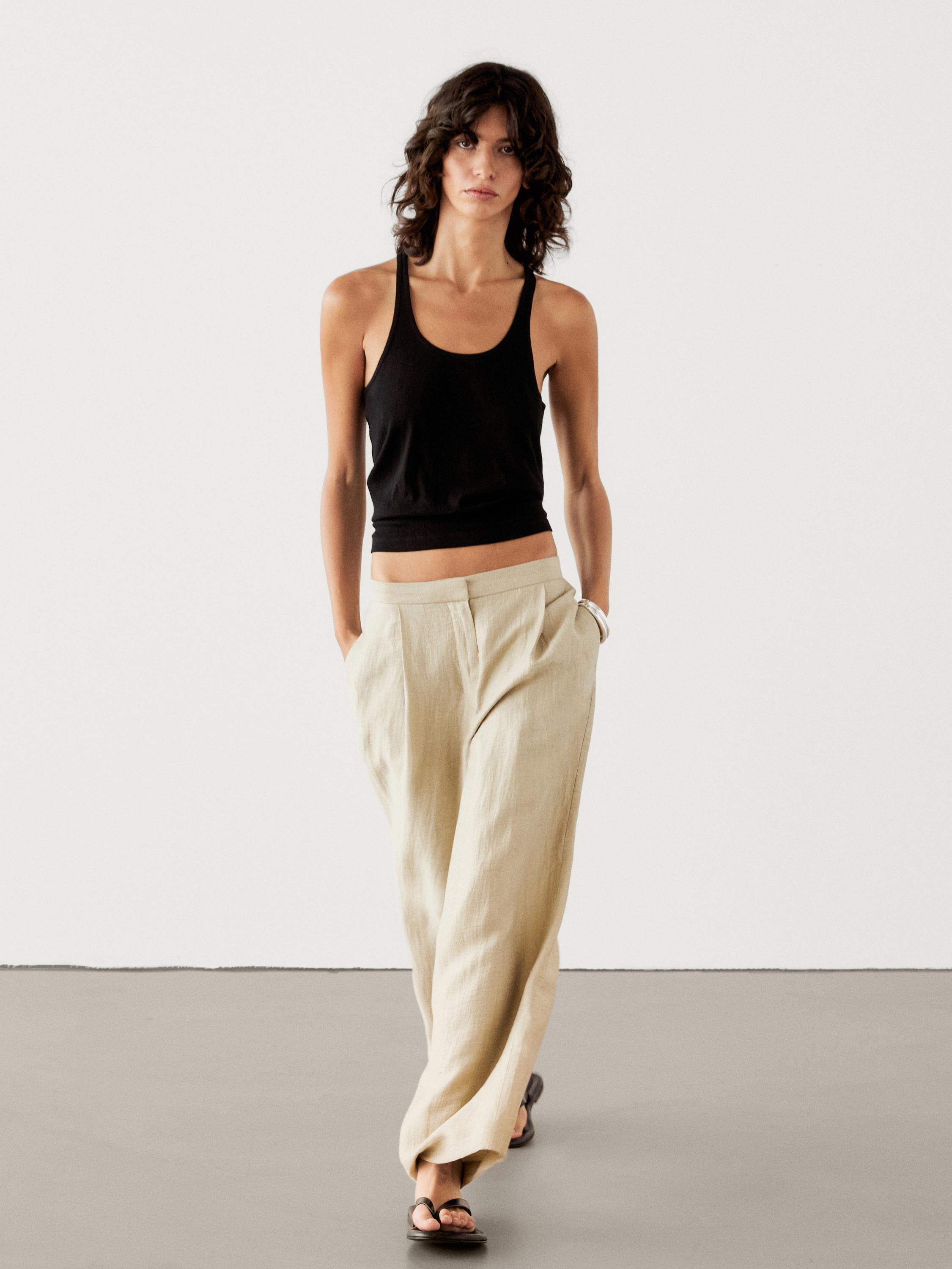 Wide-leg darted linen blend trousers