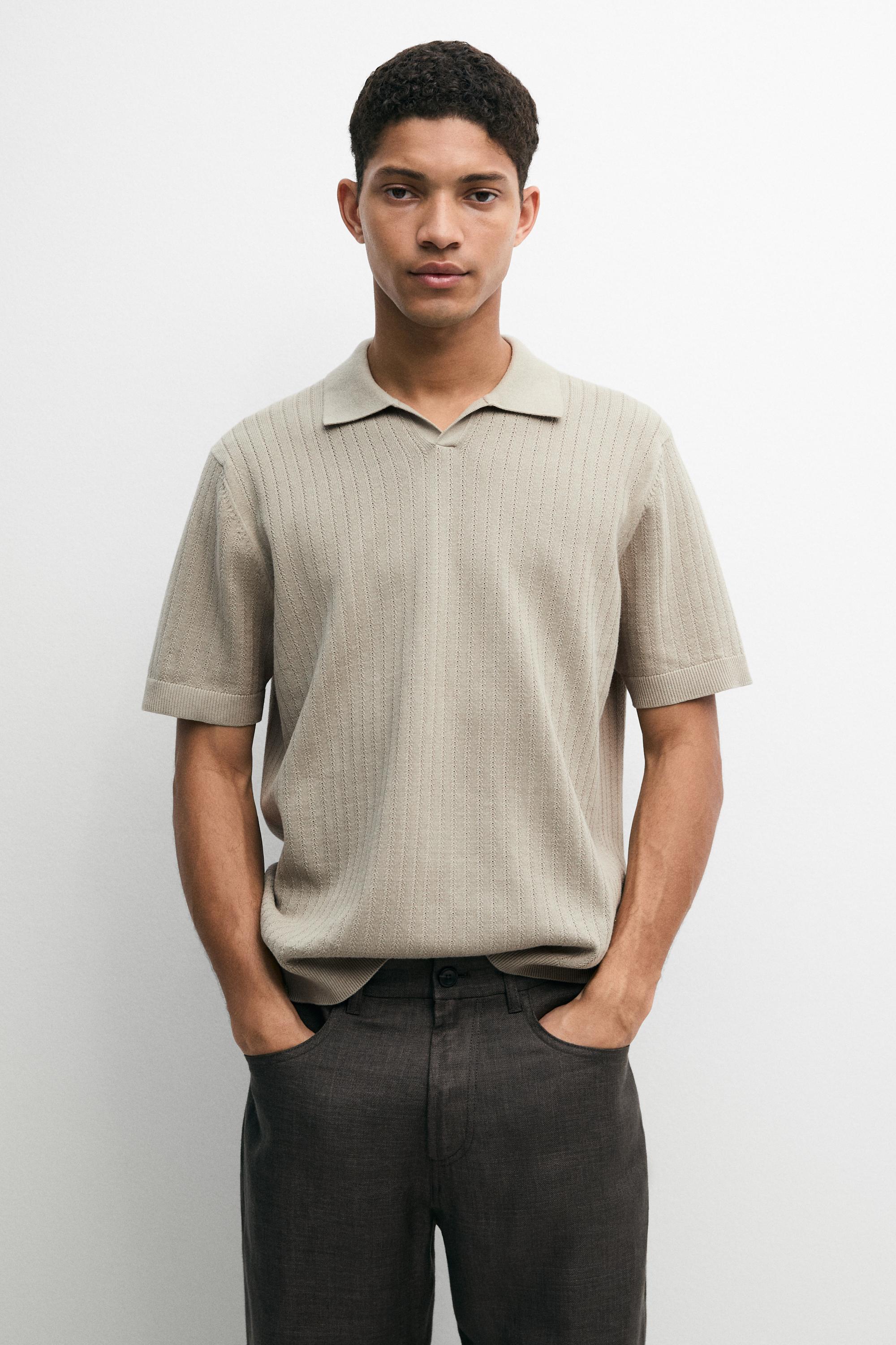 Knit polo sweater with cutwork detail — TAUPE GREY