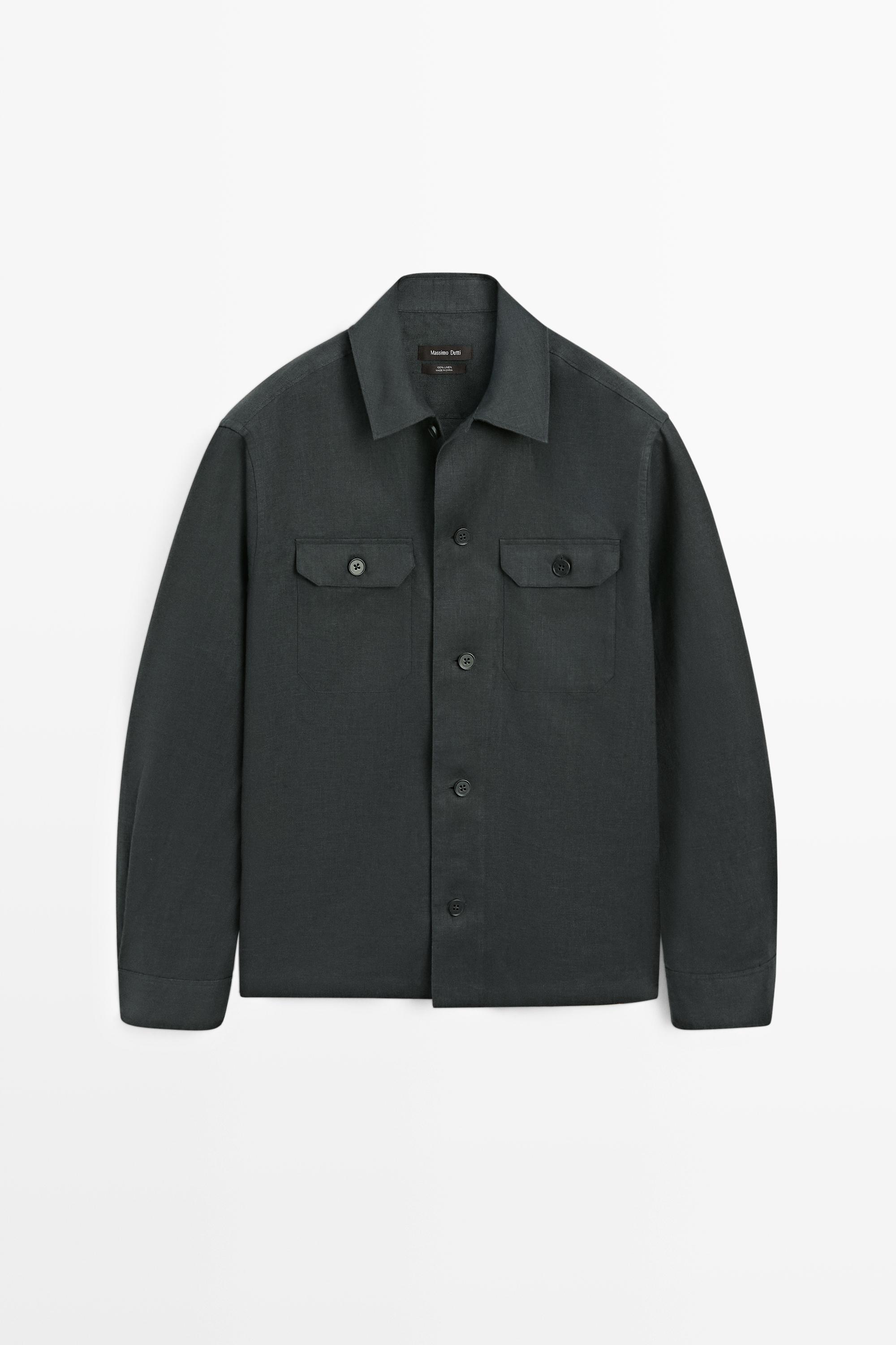 Total look linen overshirt with pockets — PETROL BLUE