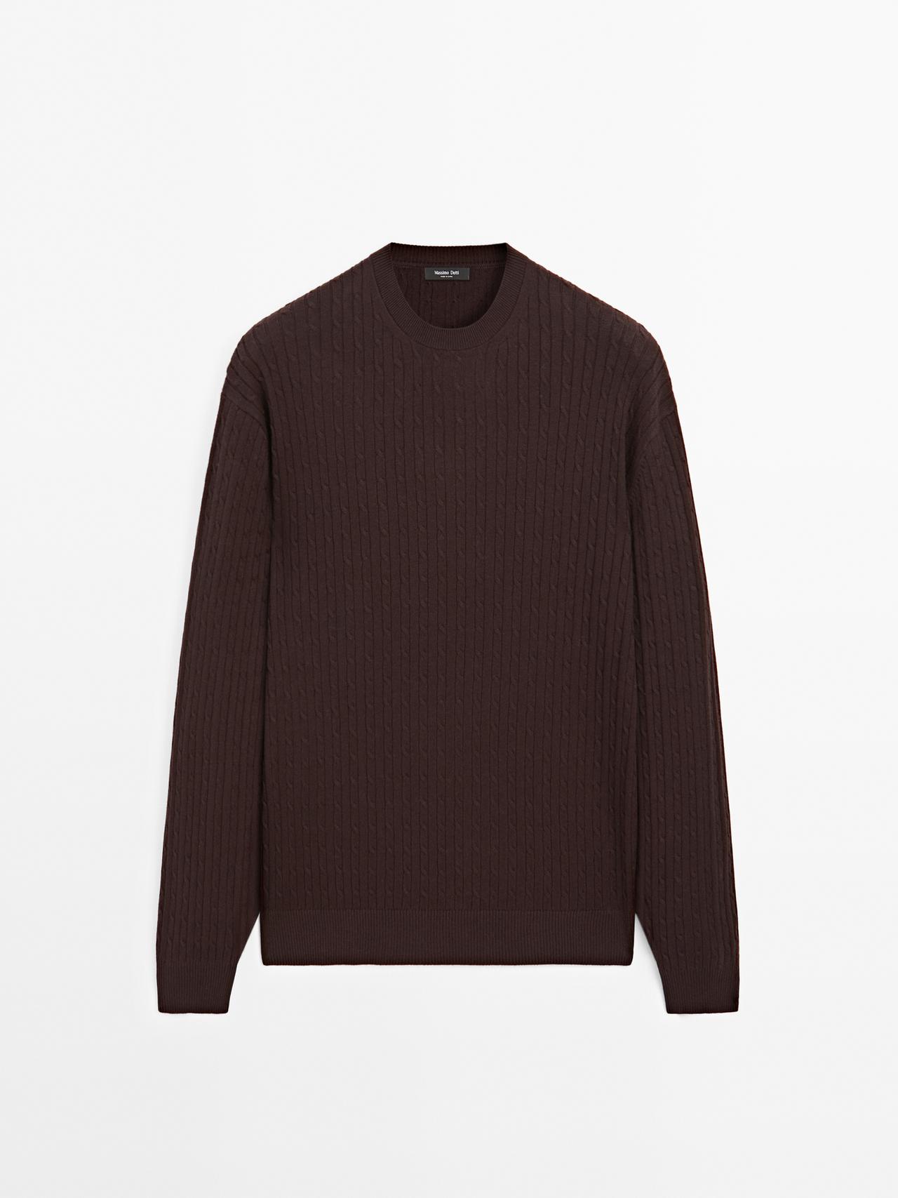 Massimo Dutti - Herre - Kabelstrikket Trøje I Bomuldsblanding - Granatrød - M