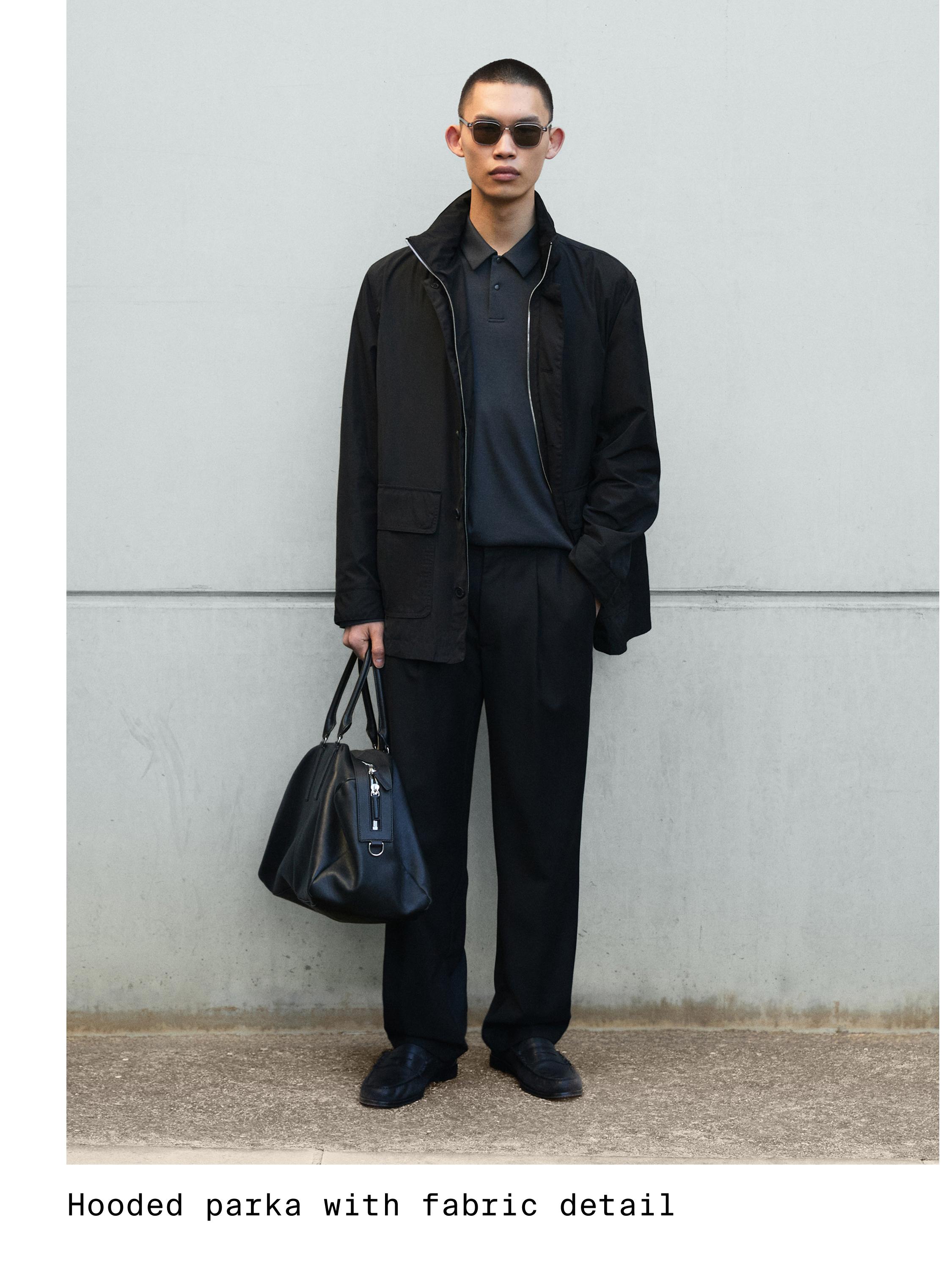 Hooded parka with fabric detail — BLACK