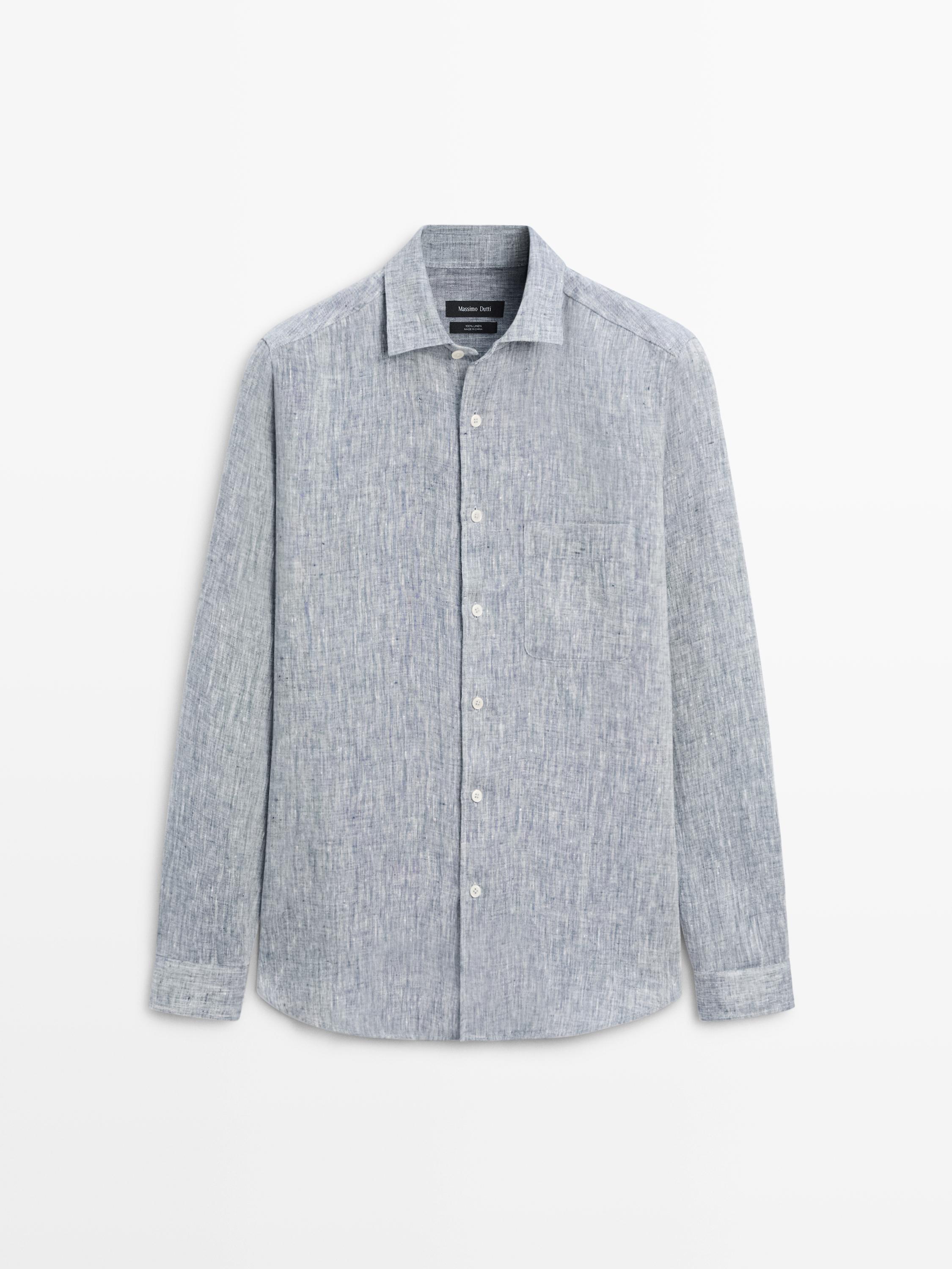 Regular fit linen shirt with pocket — BLUE