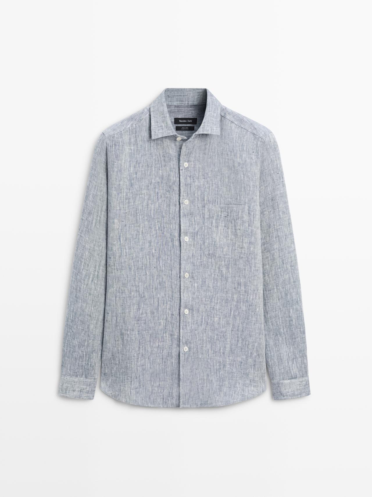 Camisa Regular Fit Bolsillo Lino - Azul - Xl - Massimo Dutti - Hombre