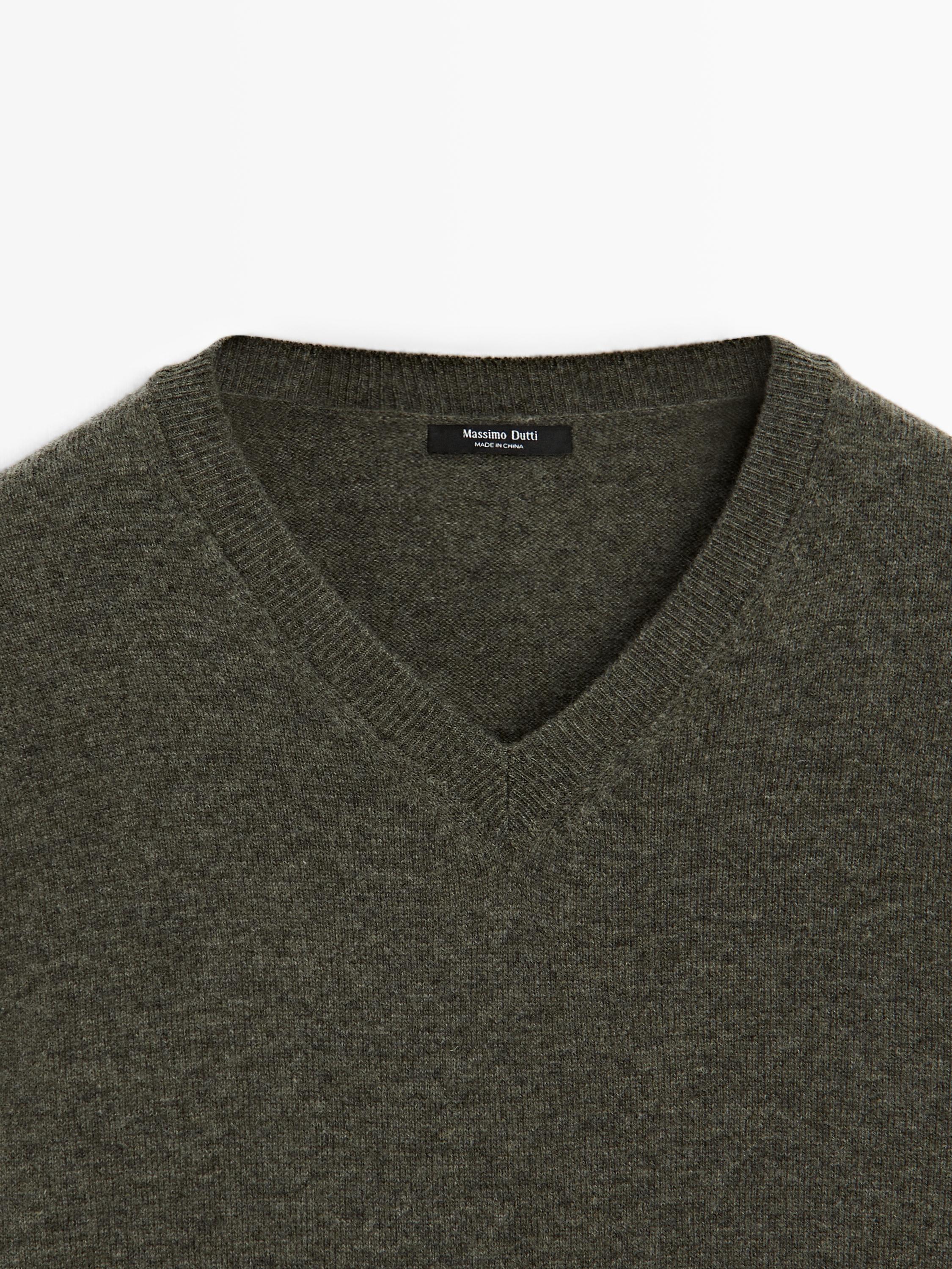 Wool blend knit V-neck sweater — GREEN MARL