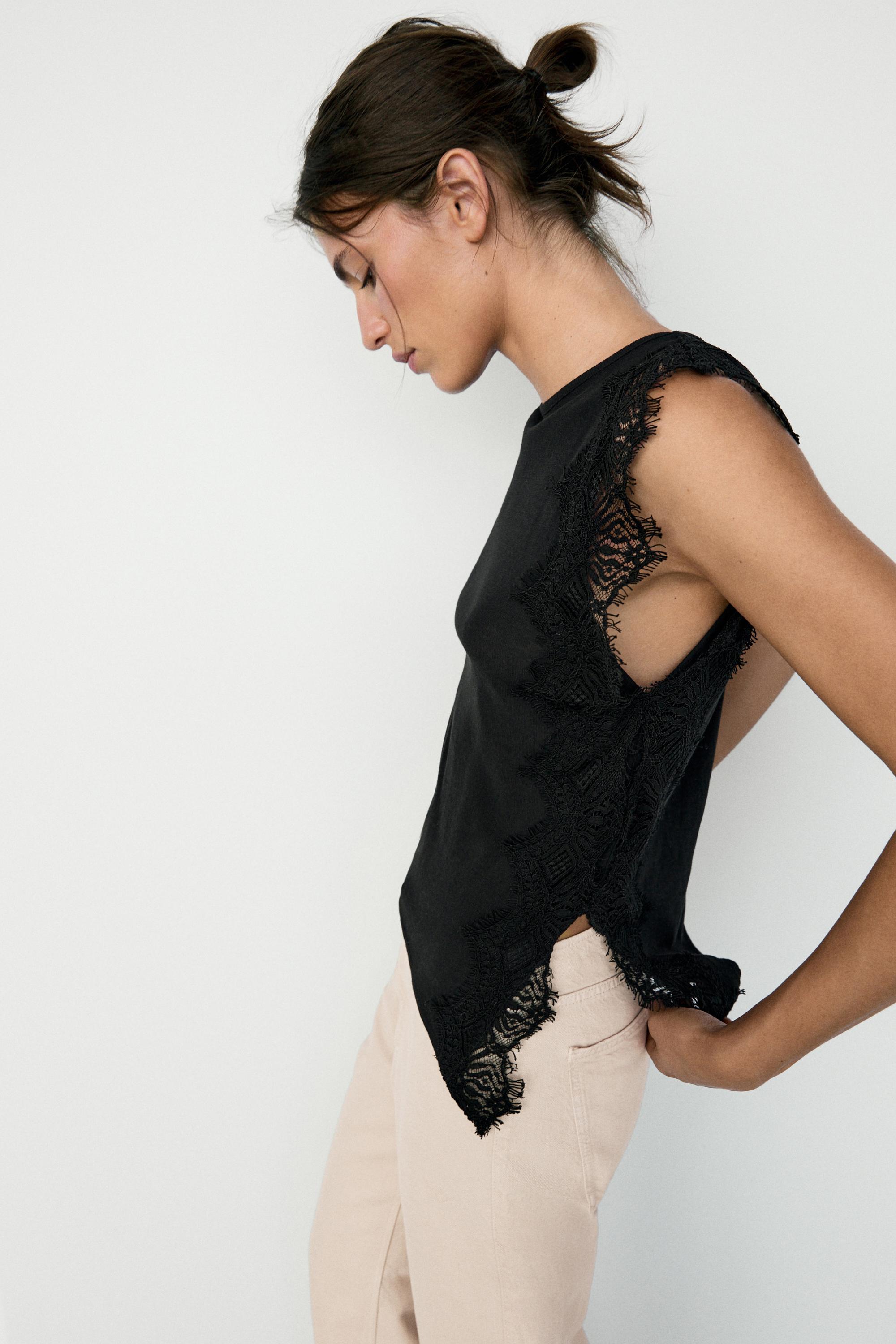 Sleeveless top with lace detail — BLACK