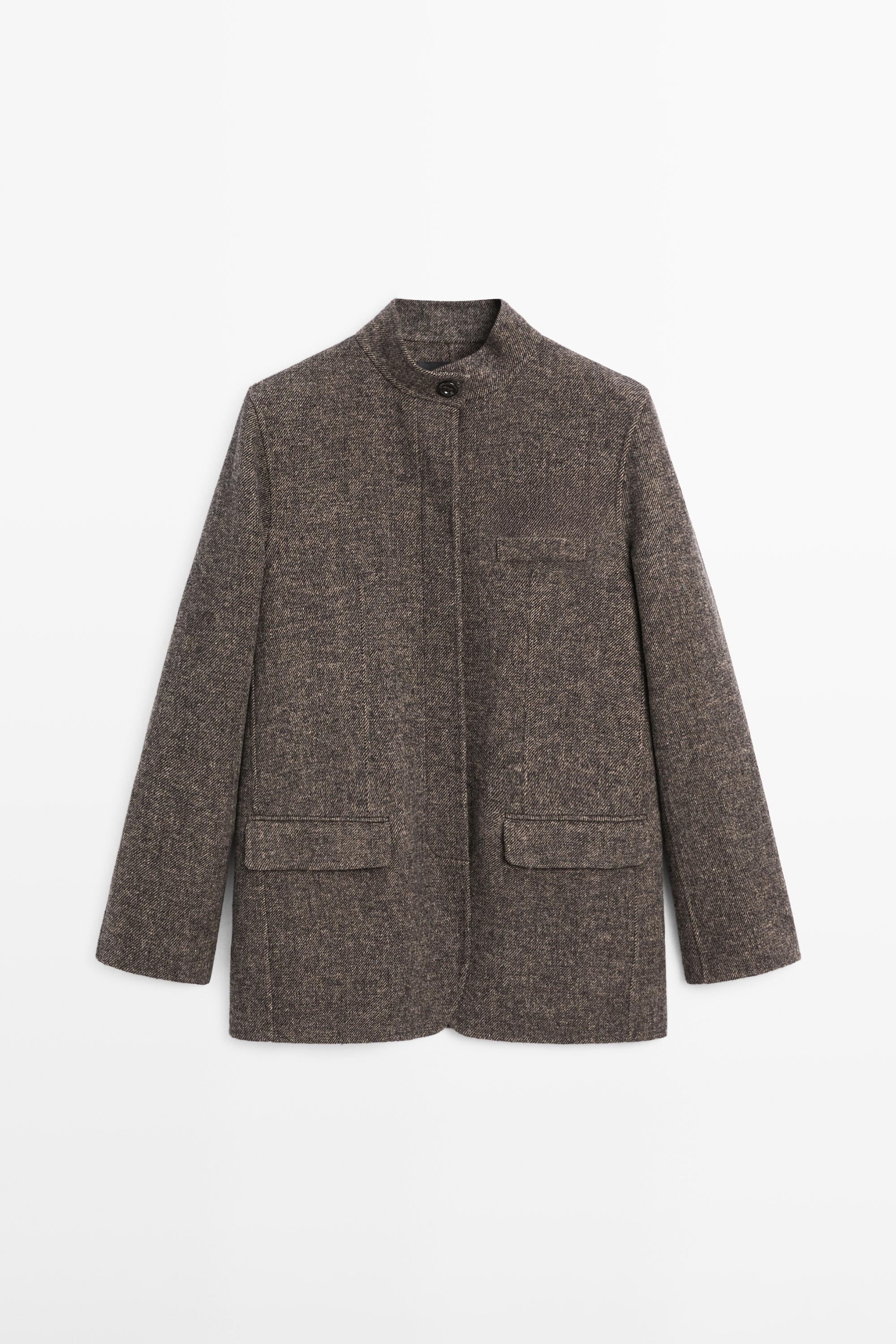 Wool blend twill coat with high collar