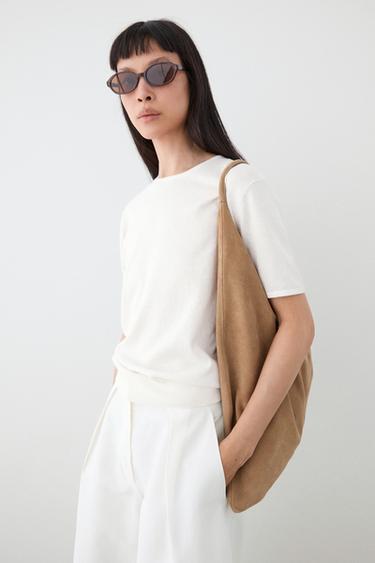 Cotton blend knit short-sleeve sweater — CREAM 8