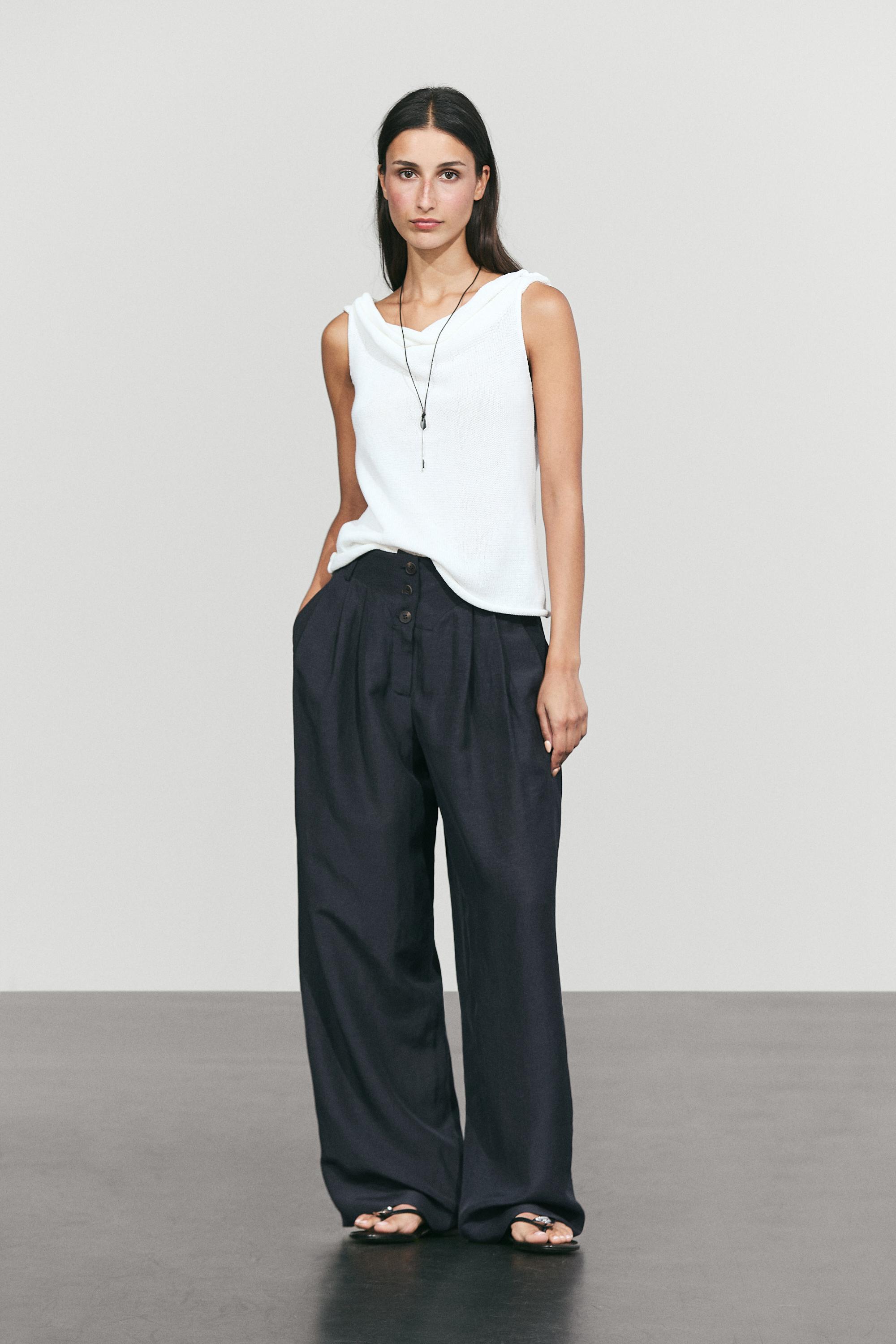 Linen-blend button-detail pants — NAVY BLUE