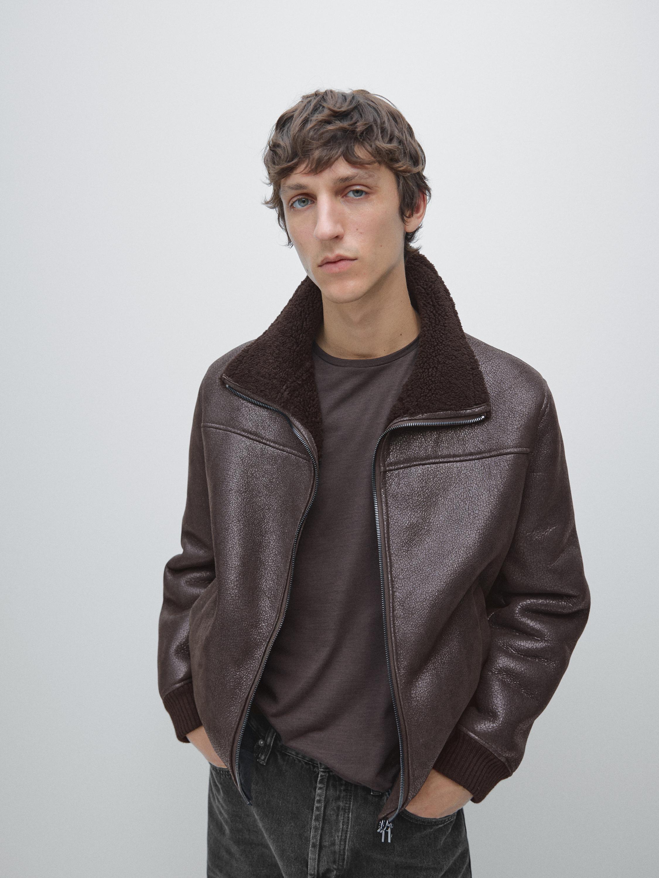 Short double fabric leather jacket with fur