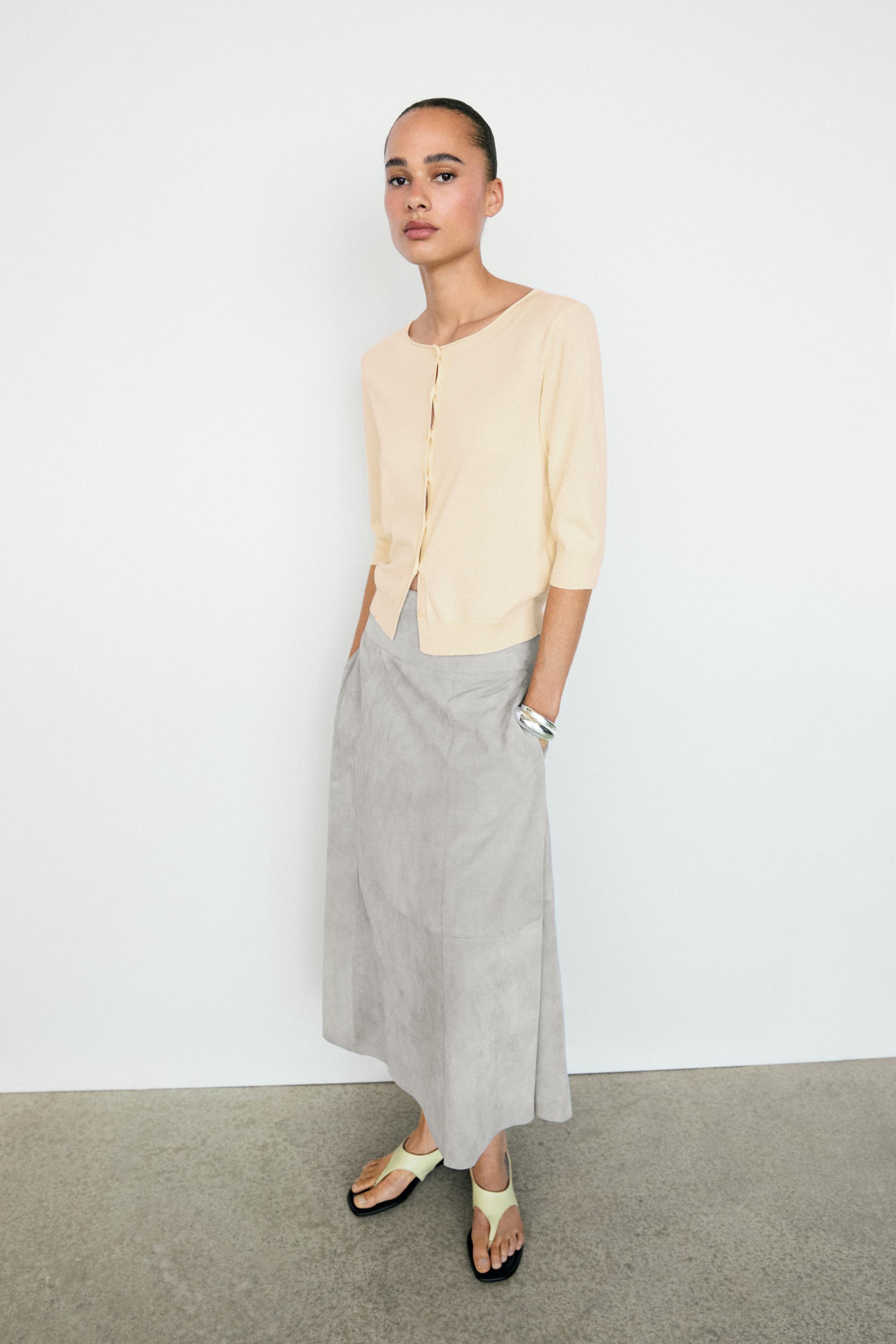 Suede flared midi skirt with sash — BLUISH GREY
