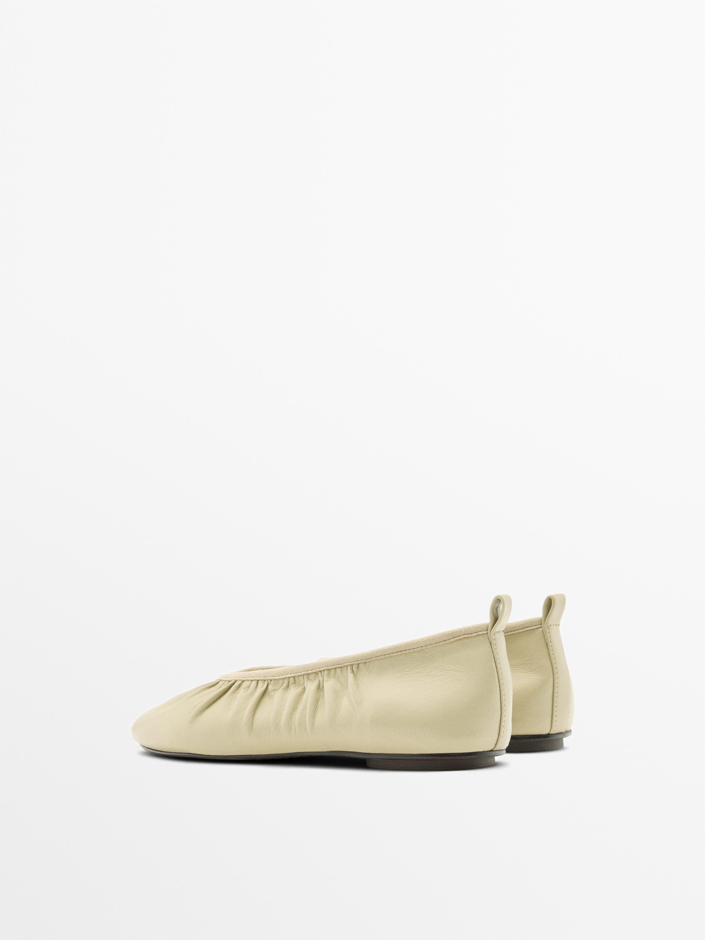 Soft leather ballet flats with gathered detail — BEIGE