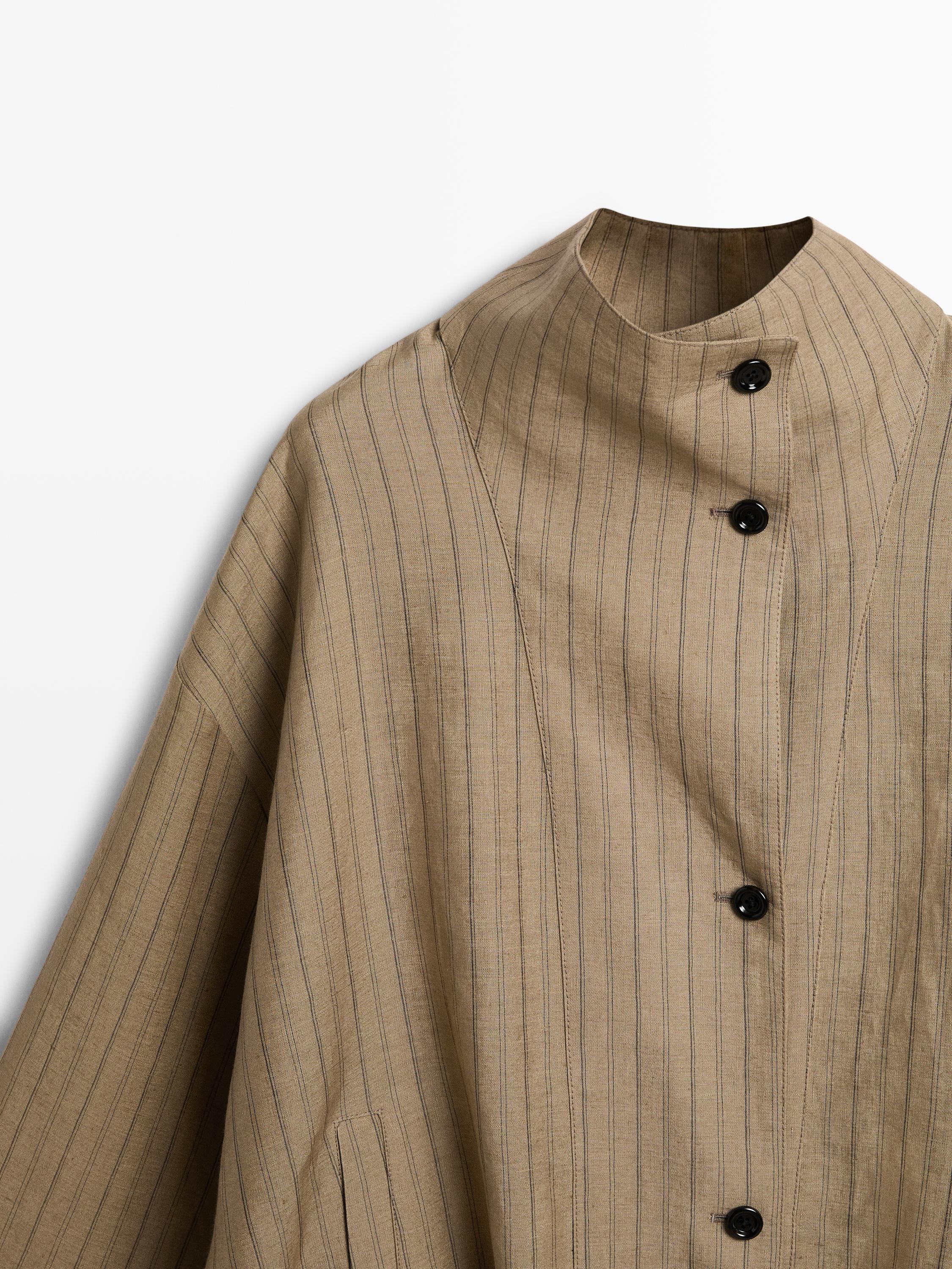 Çizgili keten karışımlı bomber ceket