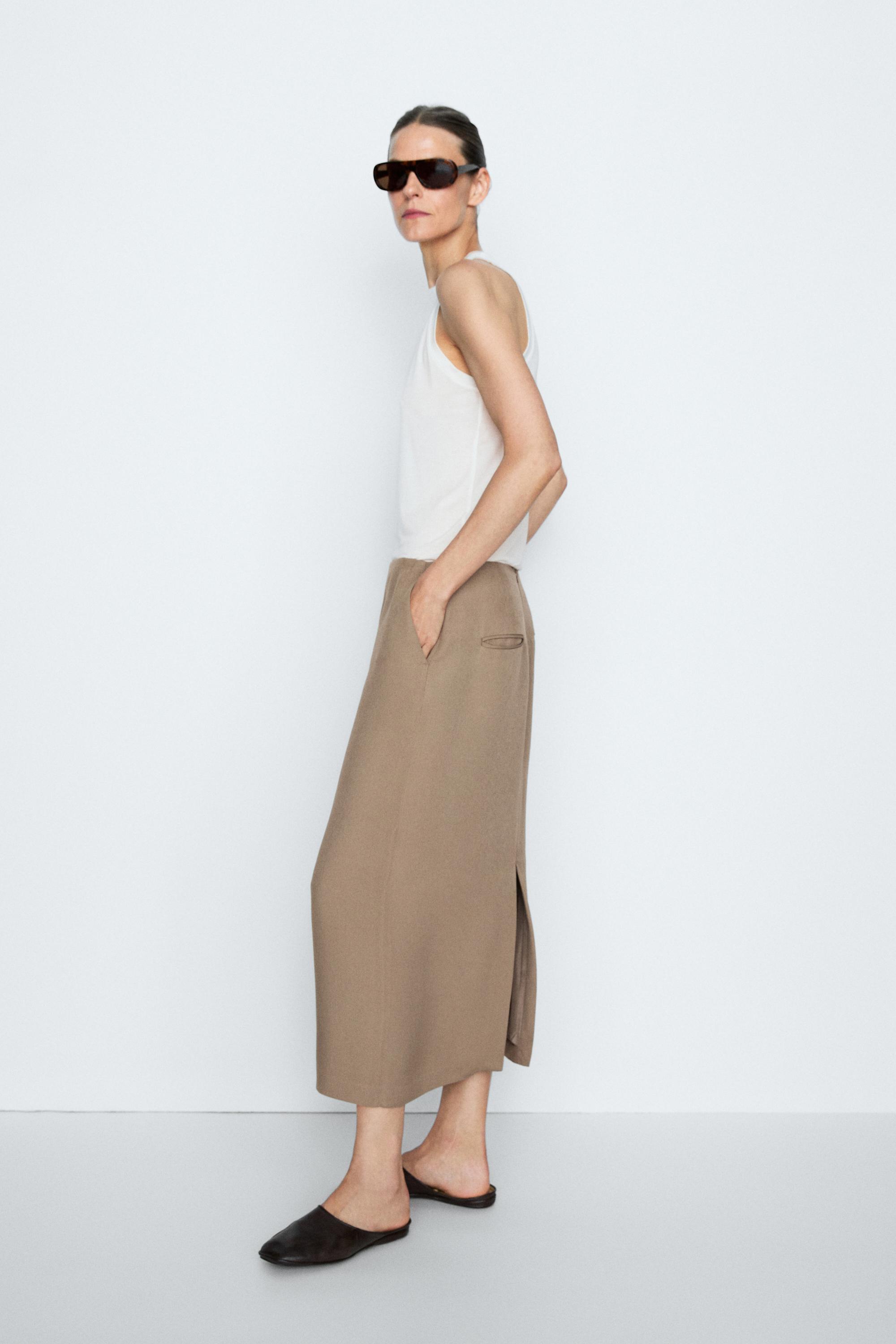 Flowing straight midi skirt - STUDIO — STONE