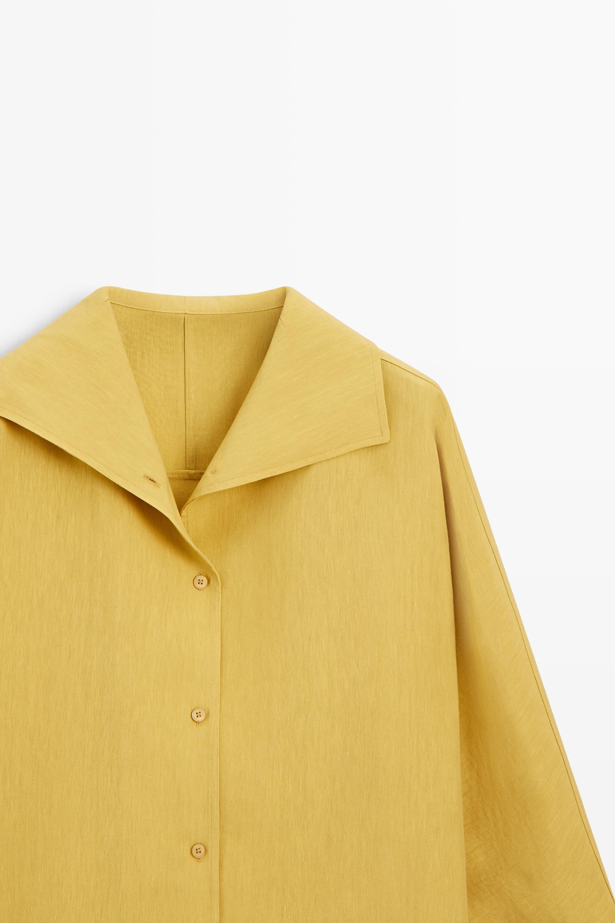 Flowing linen blend shirt with statement collar — MUSTARD YELLOW