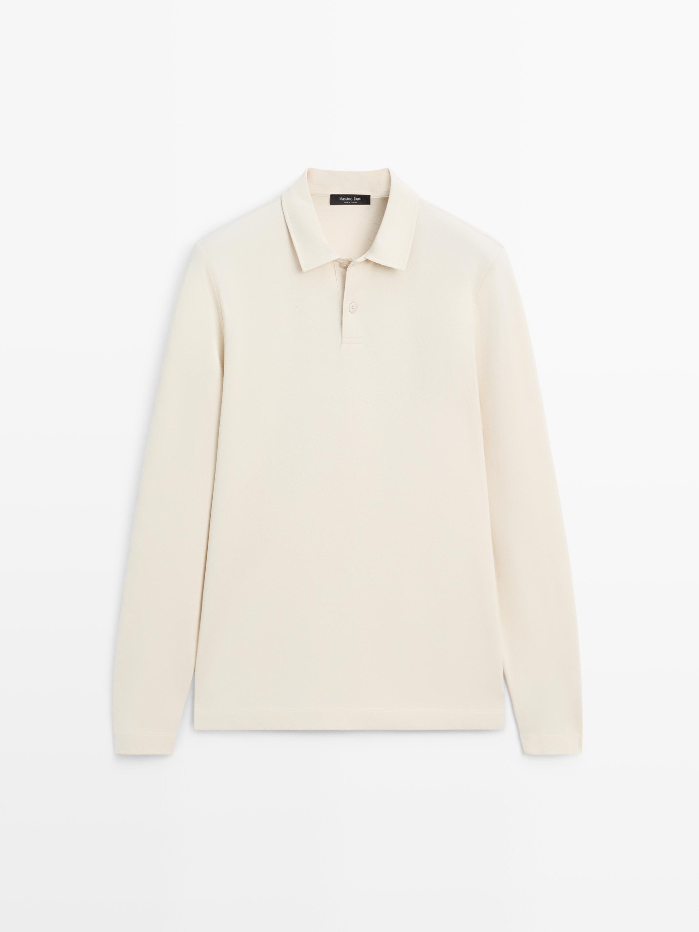 Long sleeve mercerised cotton piqué polo shirt — IVORY