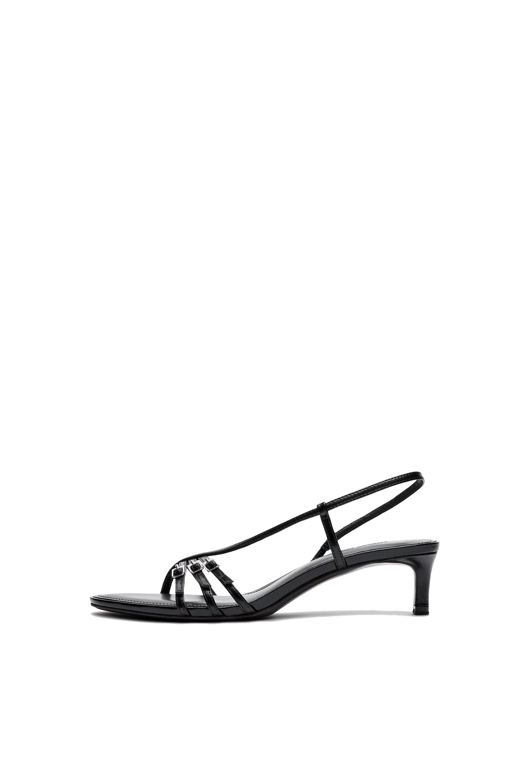 Leather heeled sandals with buckles — BLACK