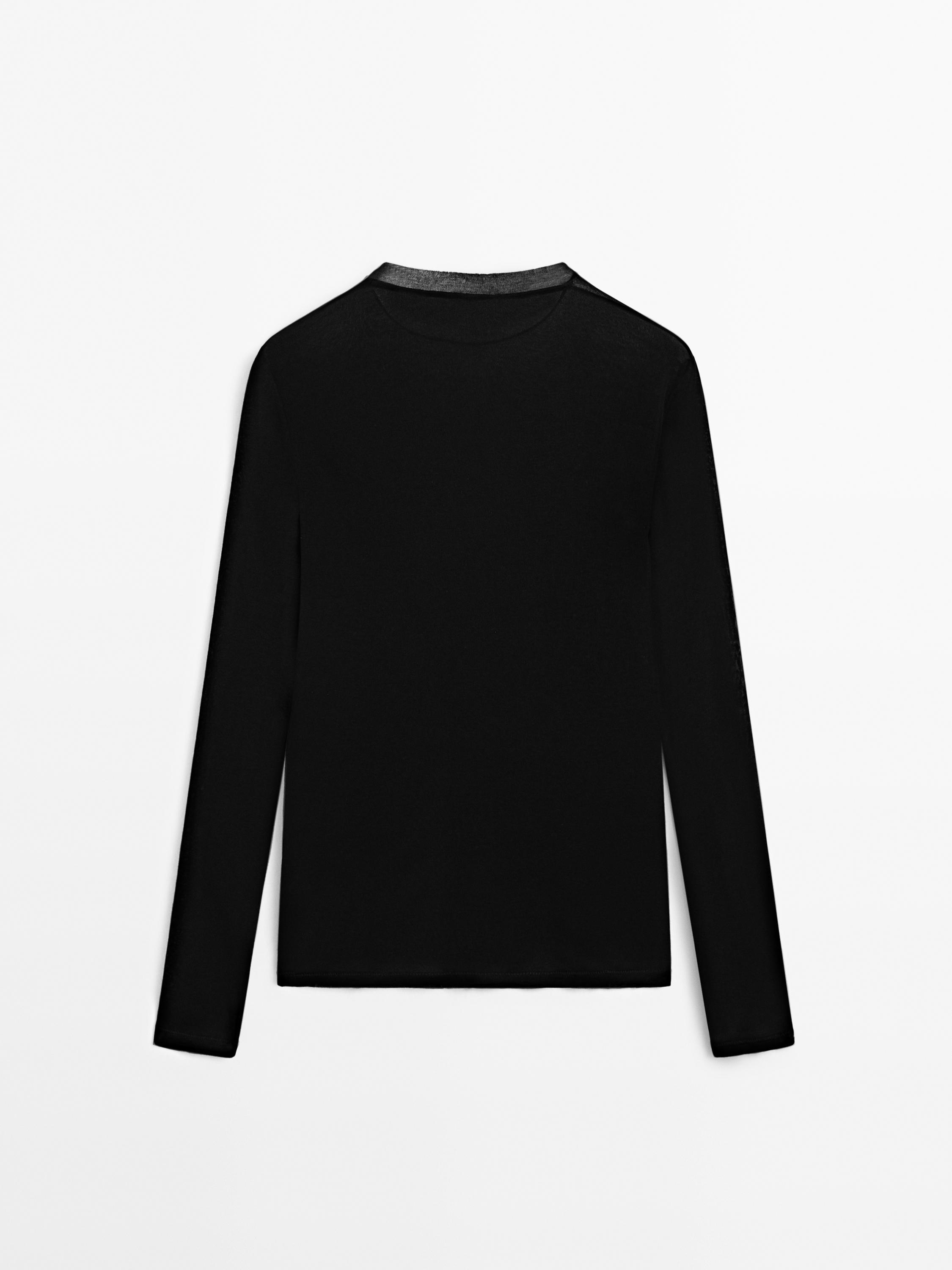 100% cotton semi-sheer T-shirt with collar detail — BLACK